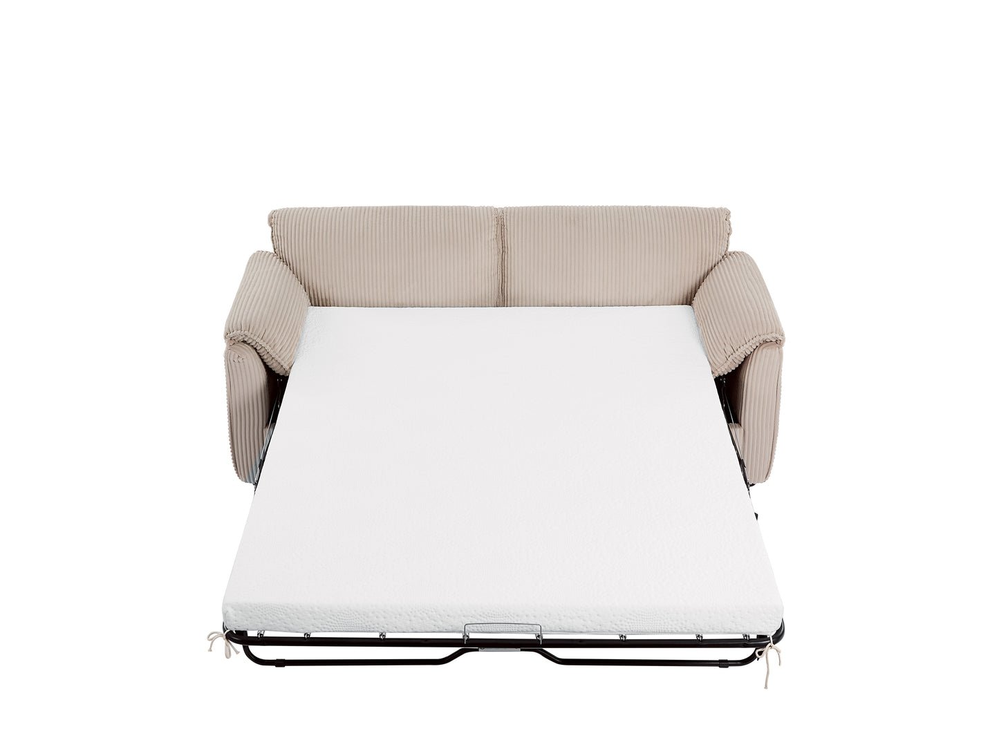 Beige corduroy sofa bed extended with a white mattress spacesaving furniture