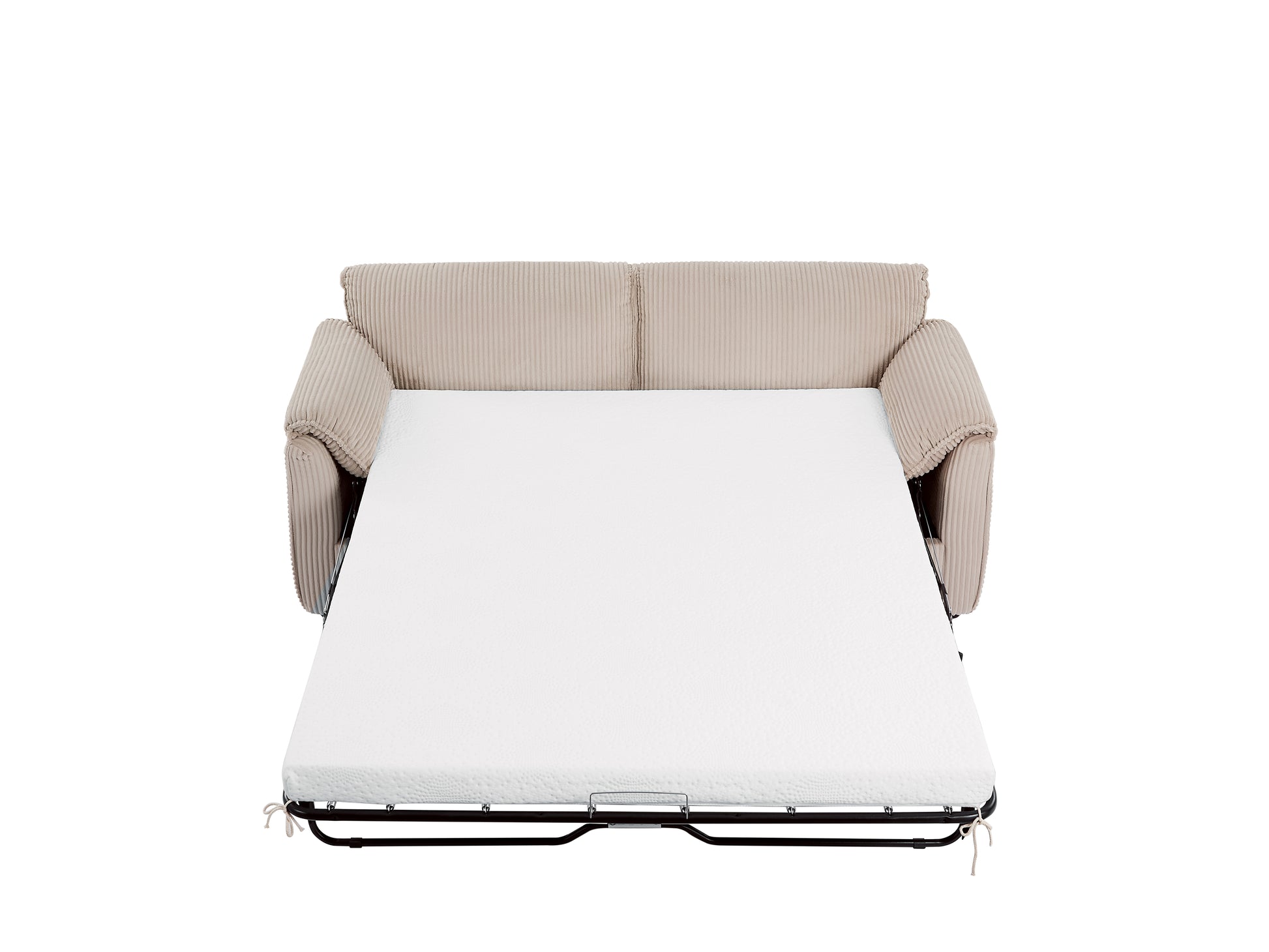 Beige corduroy sofa bed extended with a white mattress spacesaving furniture