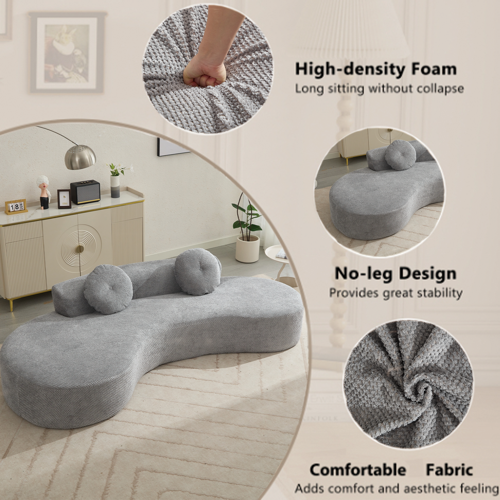 Gray sectional modular sofa with textured fabric and rounded cushions featuring a noleg design for stability