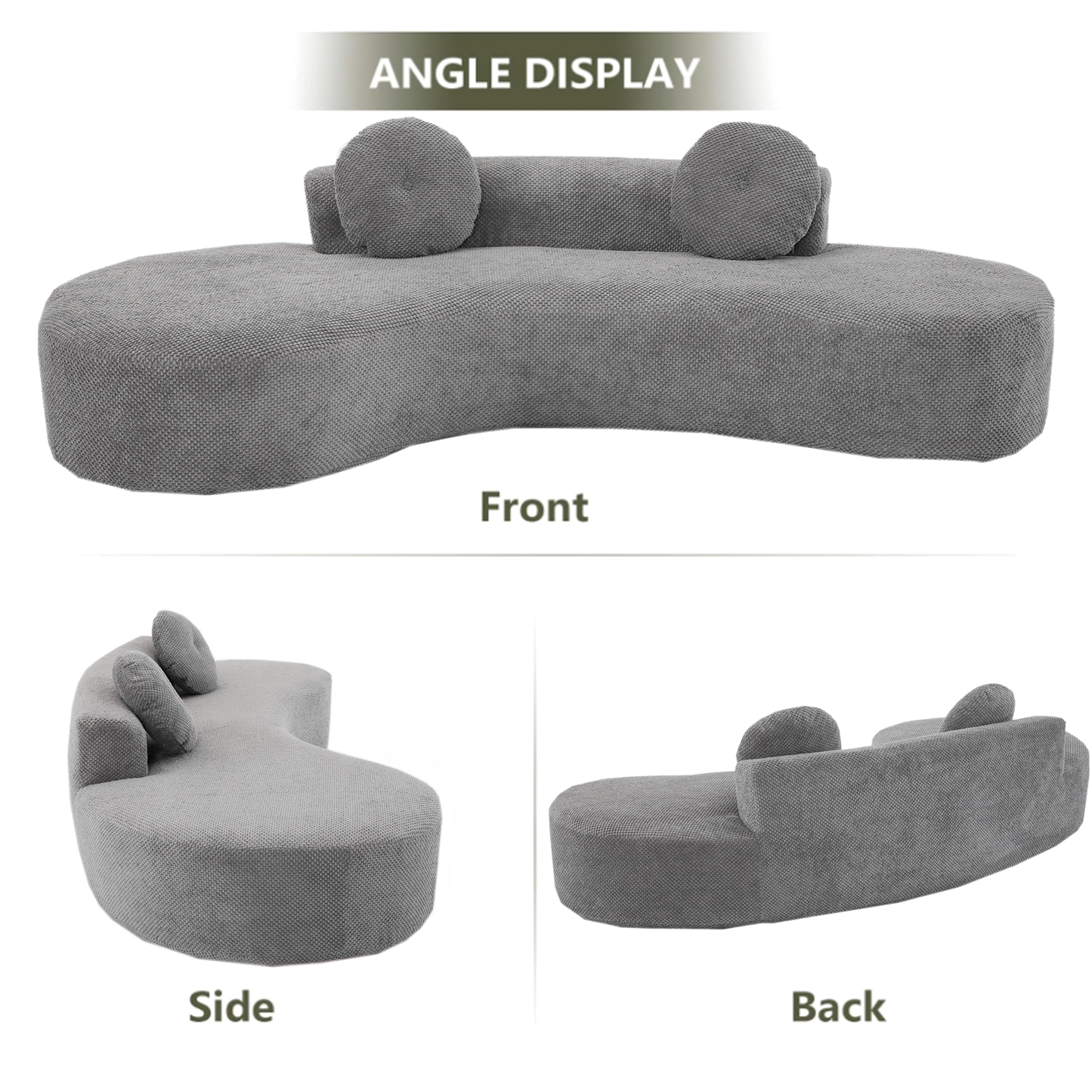 Grey curved sectional sofa with textured fabric and round throw pillows
