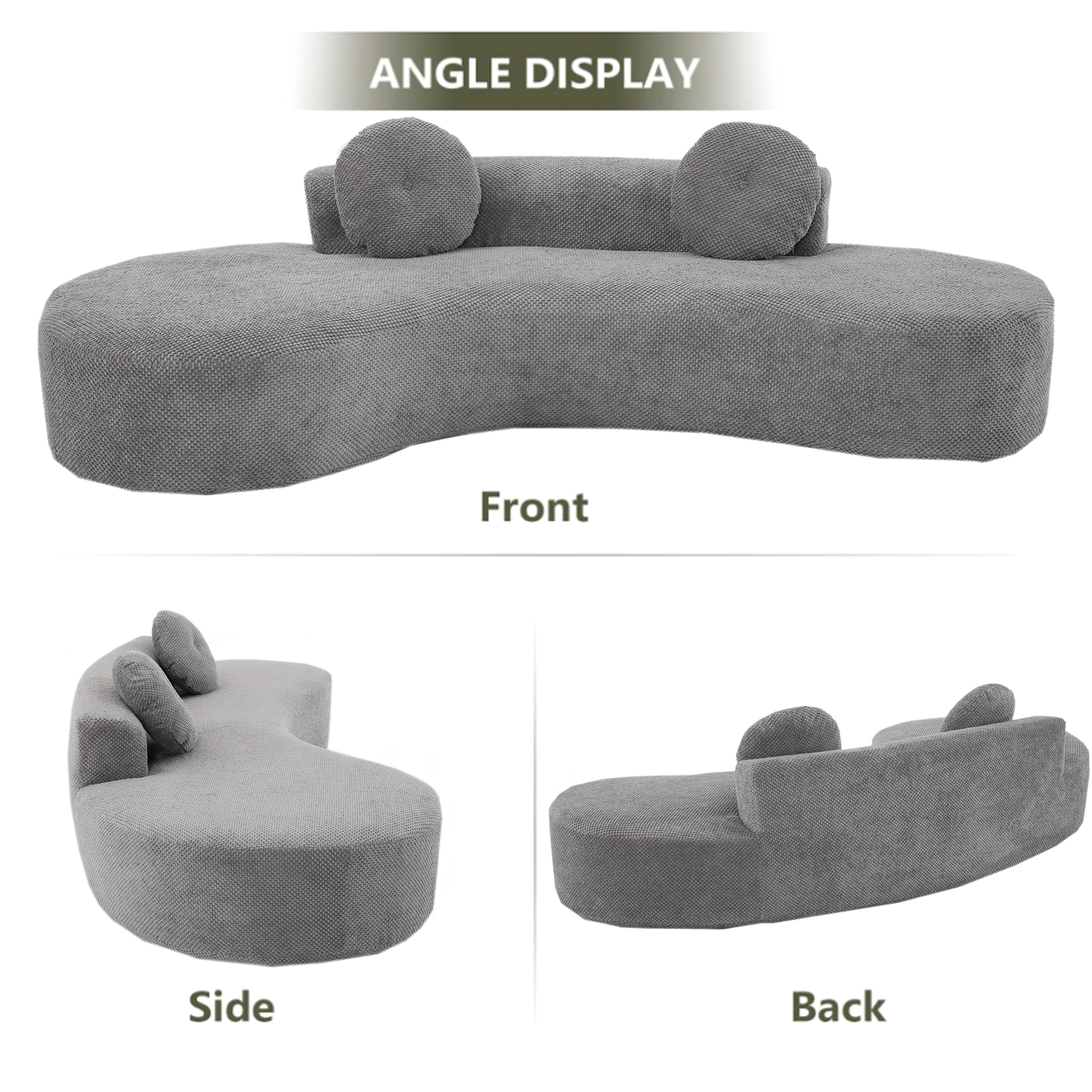 Grey curved sectional sofa with textured fabric and round throw pillows