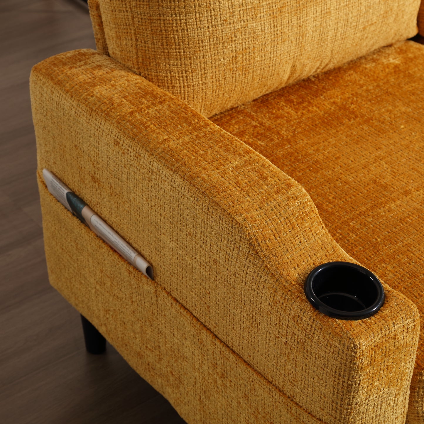 Yellow textured recliner armrest with builtin cup holder and magazine pocket