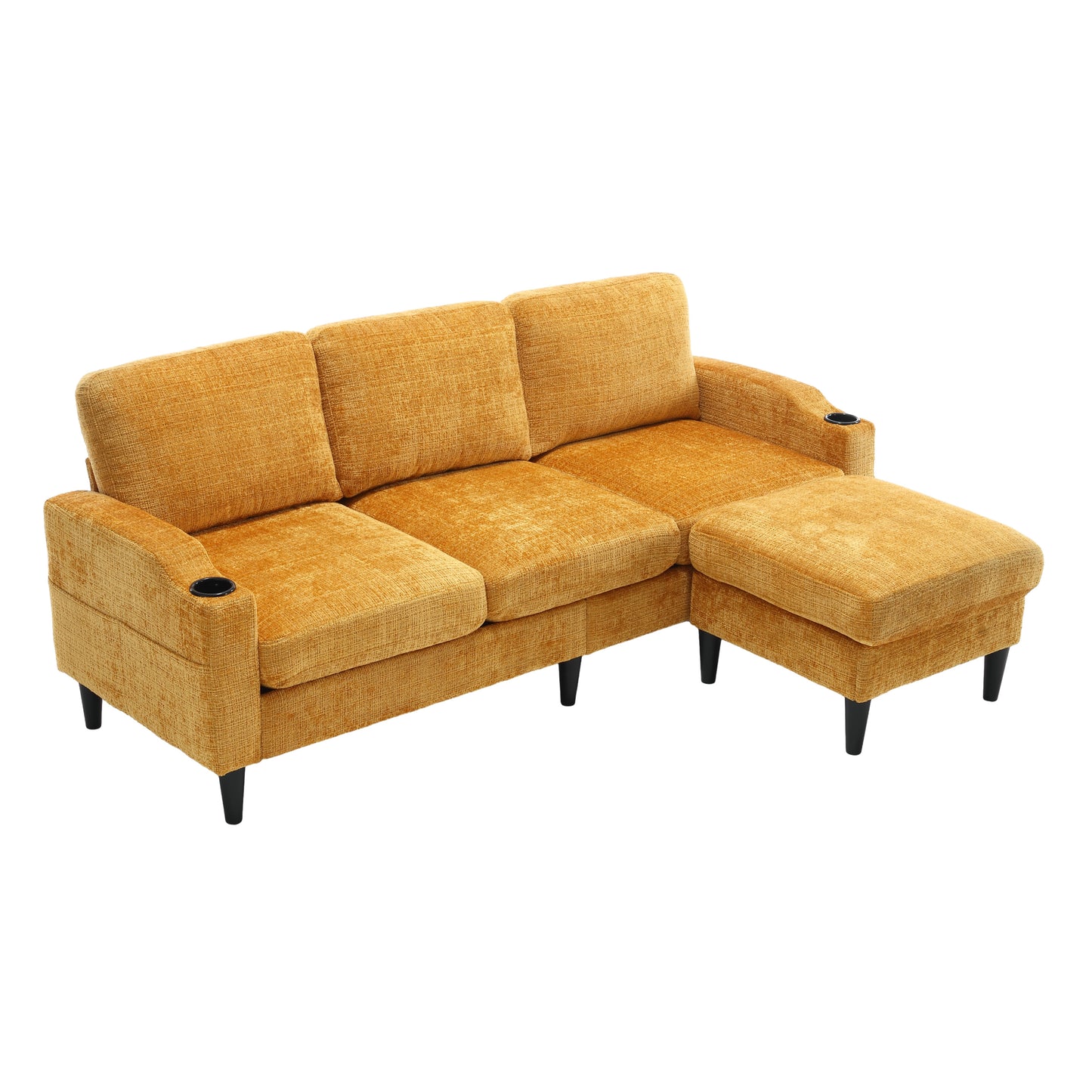Orange textured fabric sectional sofa with chaise and cup holders