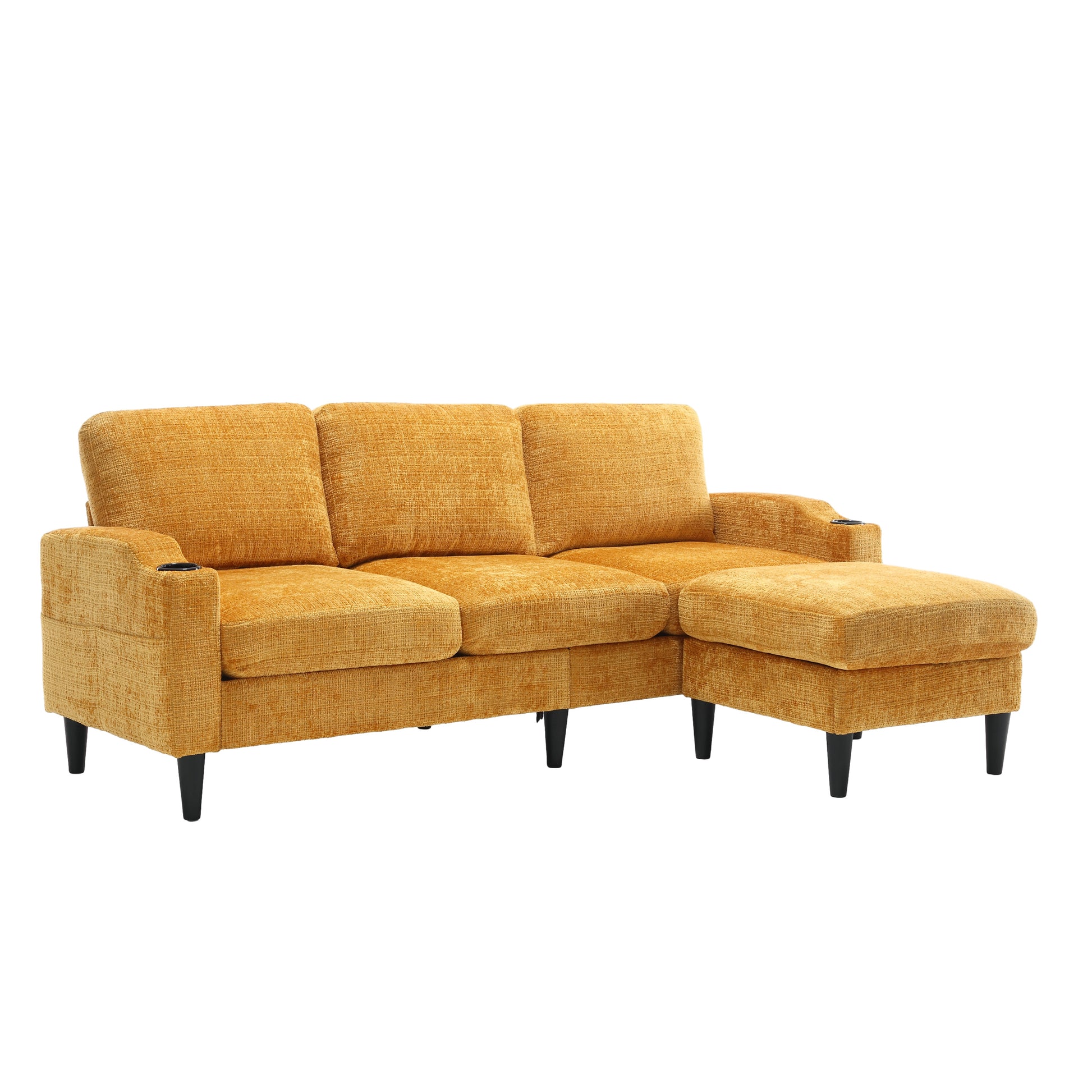Mustard yellow textured fabric sectional sofa with chaise lounge and cup holders