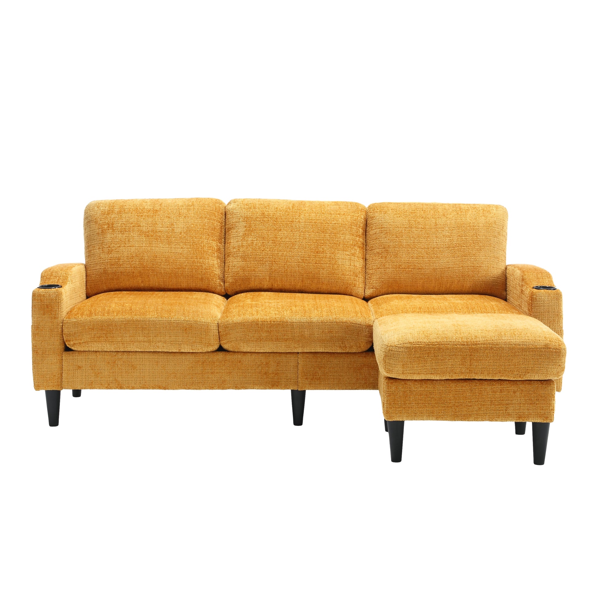 Yellow fabric sectional sofa with three cushions and a chaise lounge section
