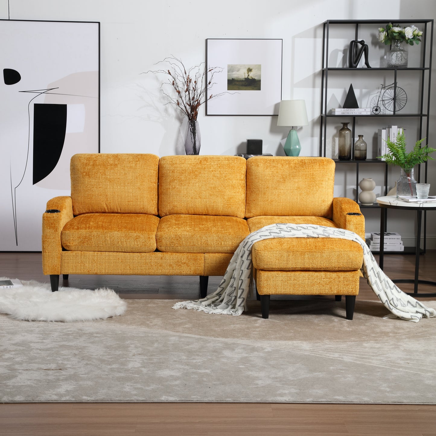 Luxurious gold sectional sofa with plush chenille fabric and ottoman for living room comfort