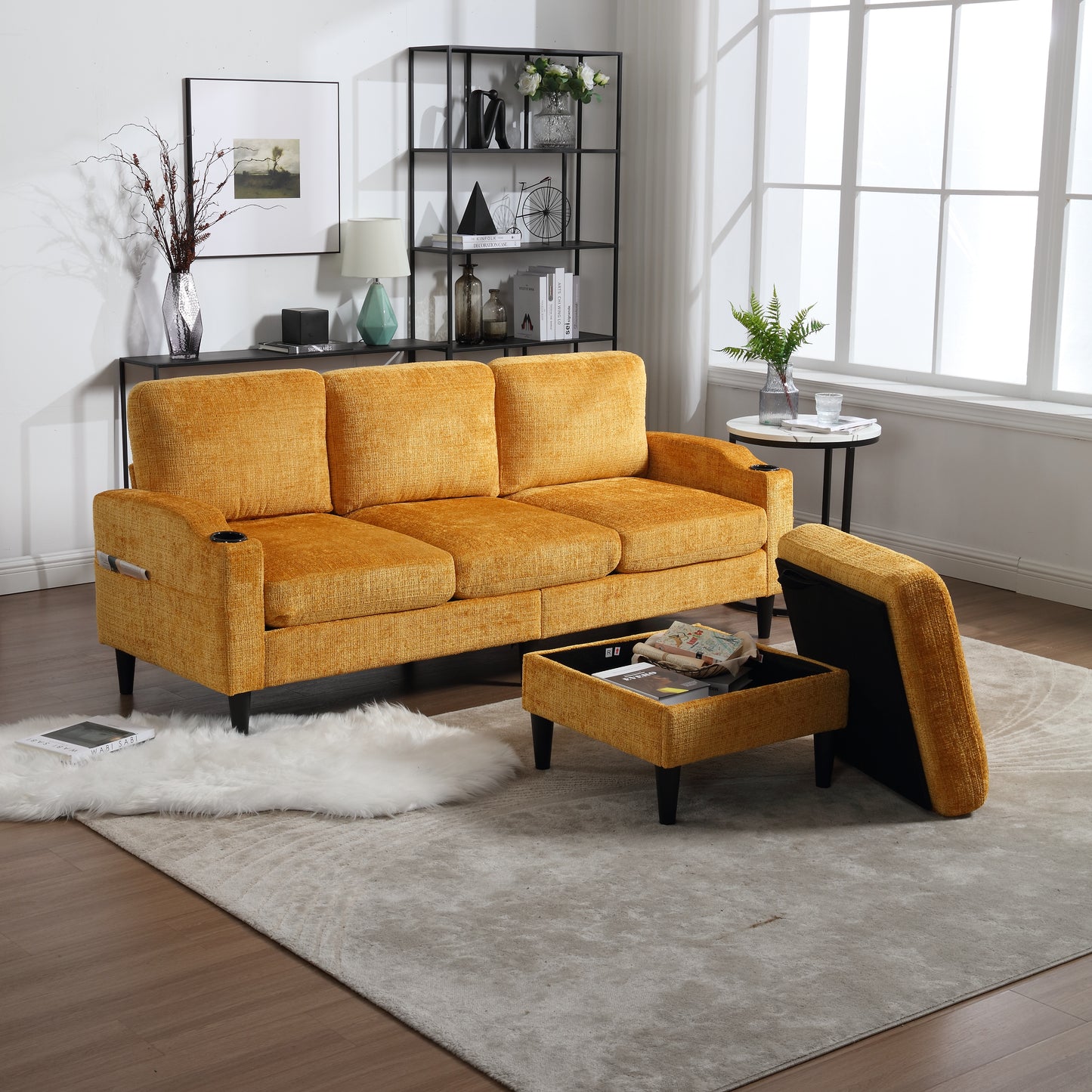 A modern yellow textured fabric sofa with a matching storage ottoman is the centerpiece of a living room