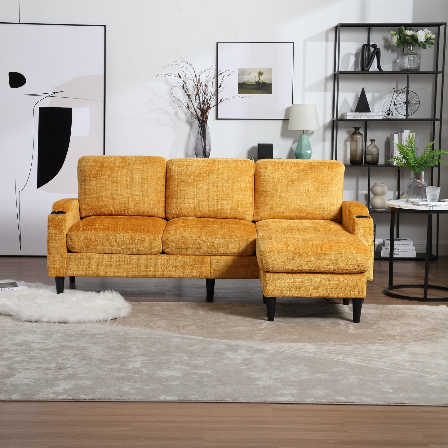 Yellow fabric sectional sofa with chaise and cup holder