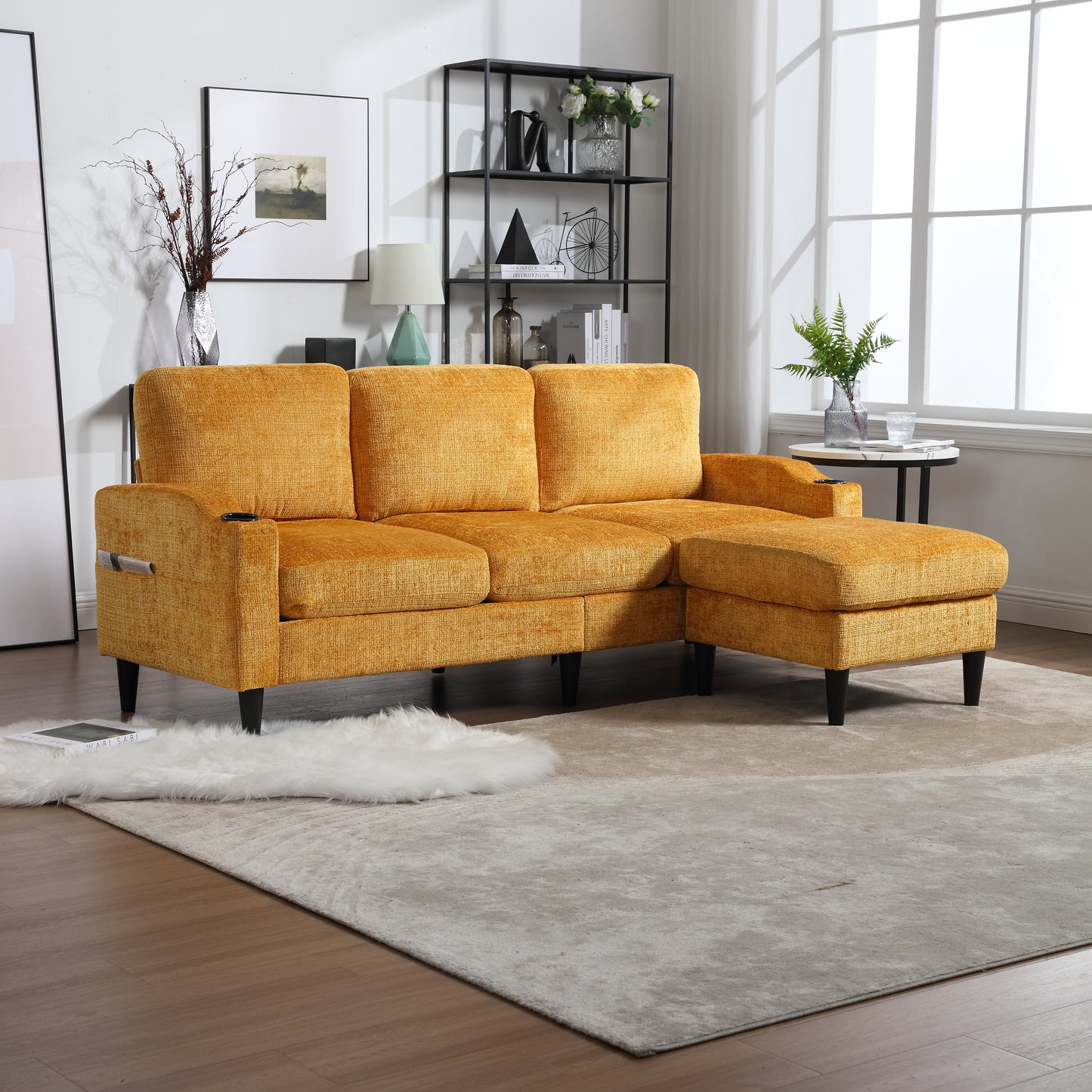 Yellow textured fabric sectional sofa with integrated cup holder and side pocket