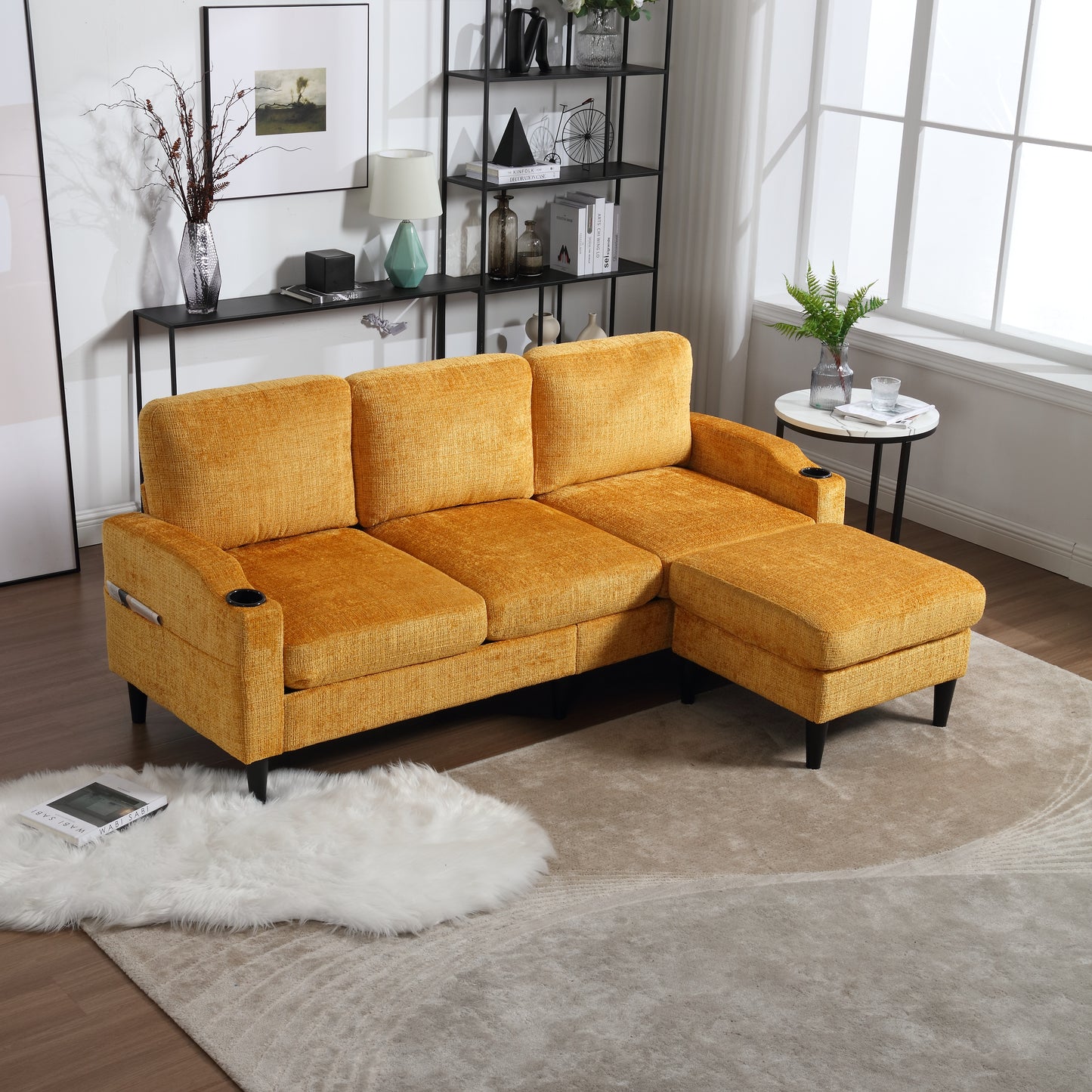 Mustard yellow textured fabric sectional sofa with chaise lounge and builtin cup holder