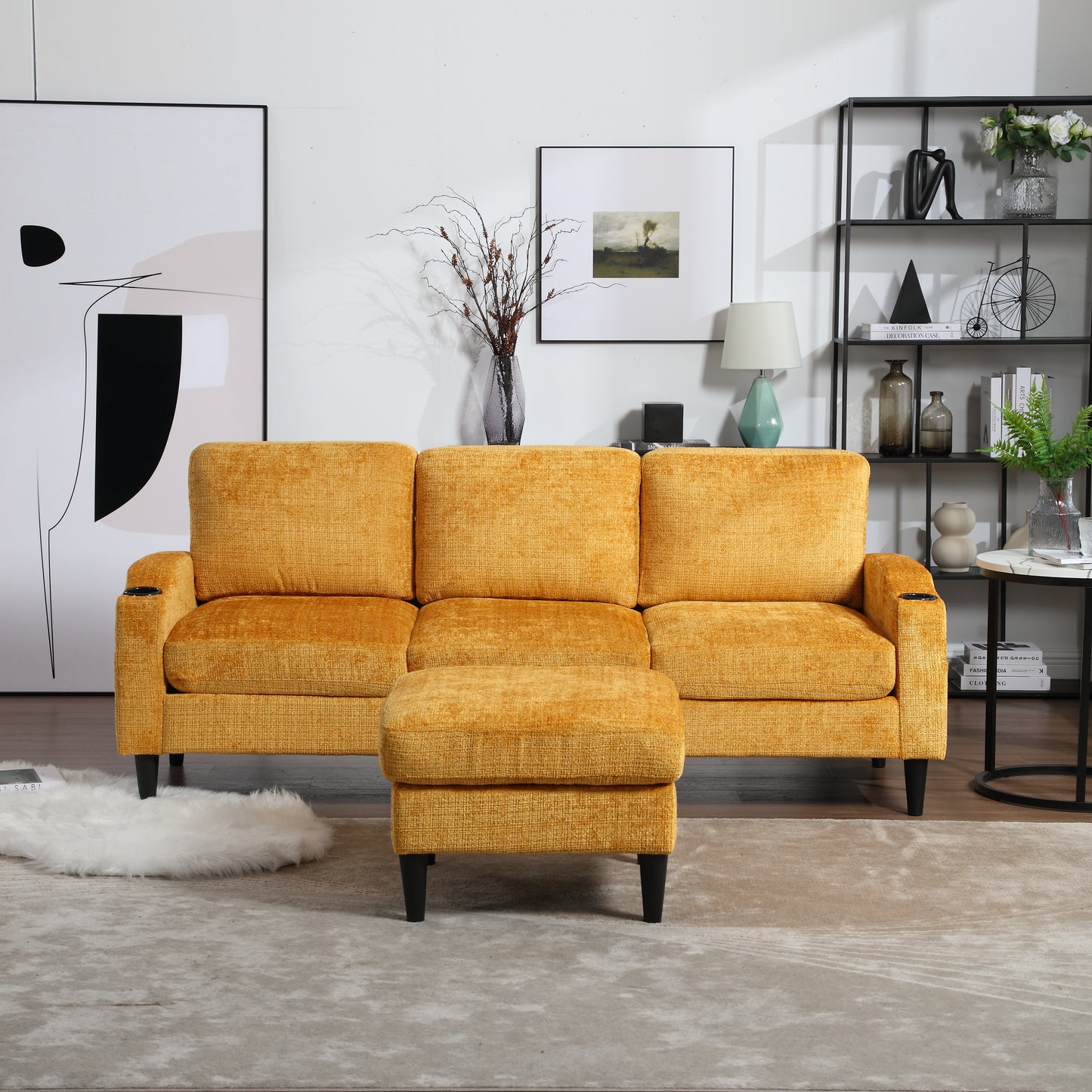 Yellow textured fabric sectional sofa with matching ottoman and builtin cup holders