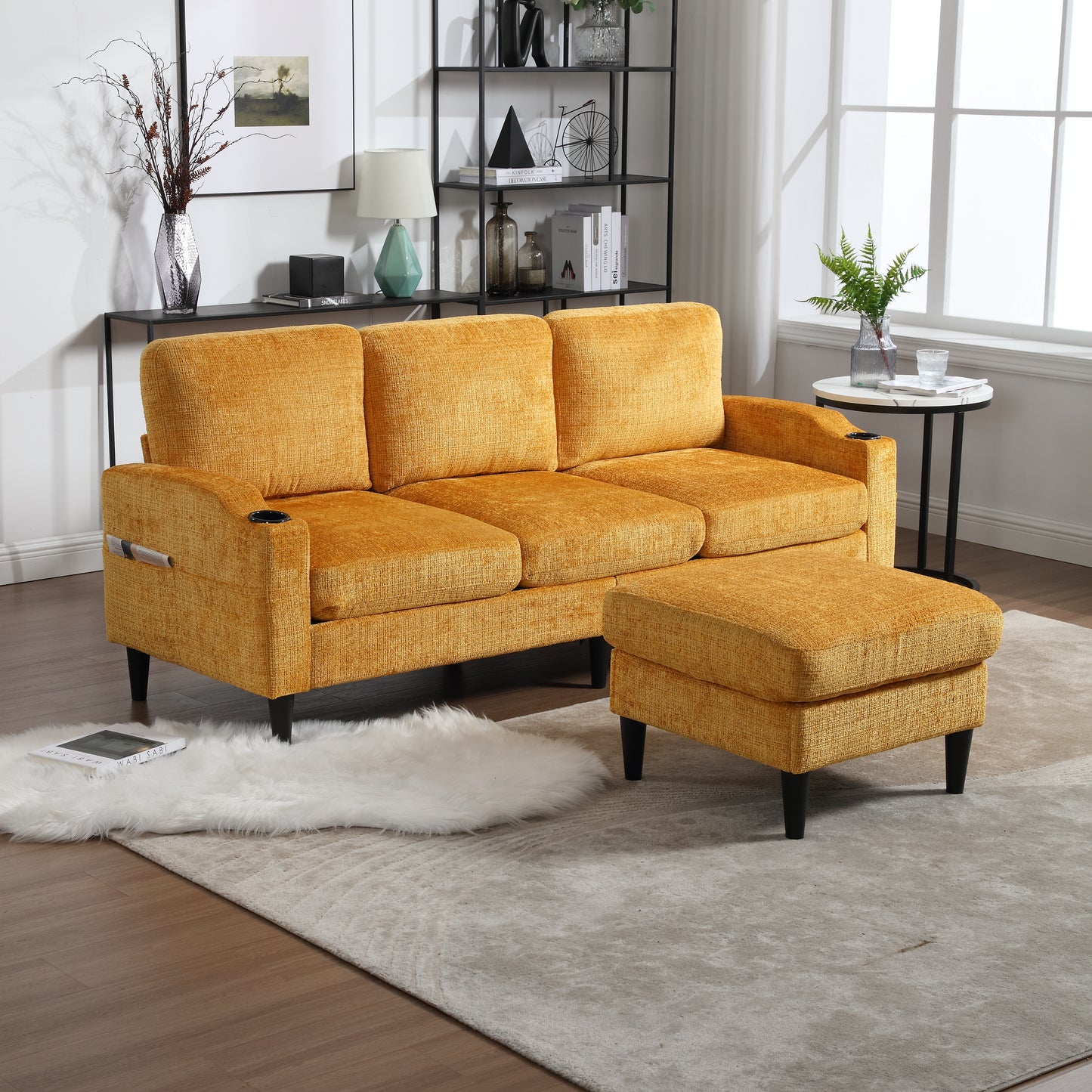 Yellow textured fabric sofa with matching ottoman and cup holders