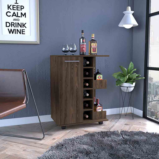 Modern wood bar cabinet with wine rack and glasses
