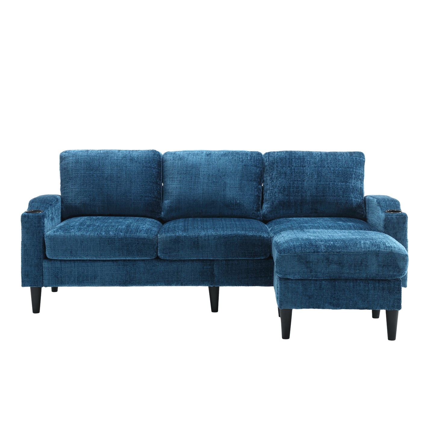 Deep blue textured fabric sectional sofa with chaise lounge and builtin cup holders