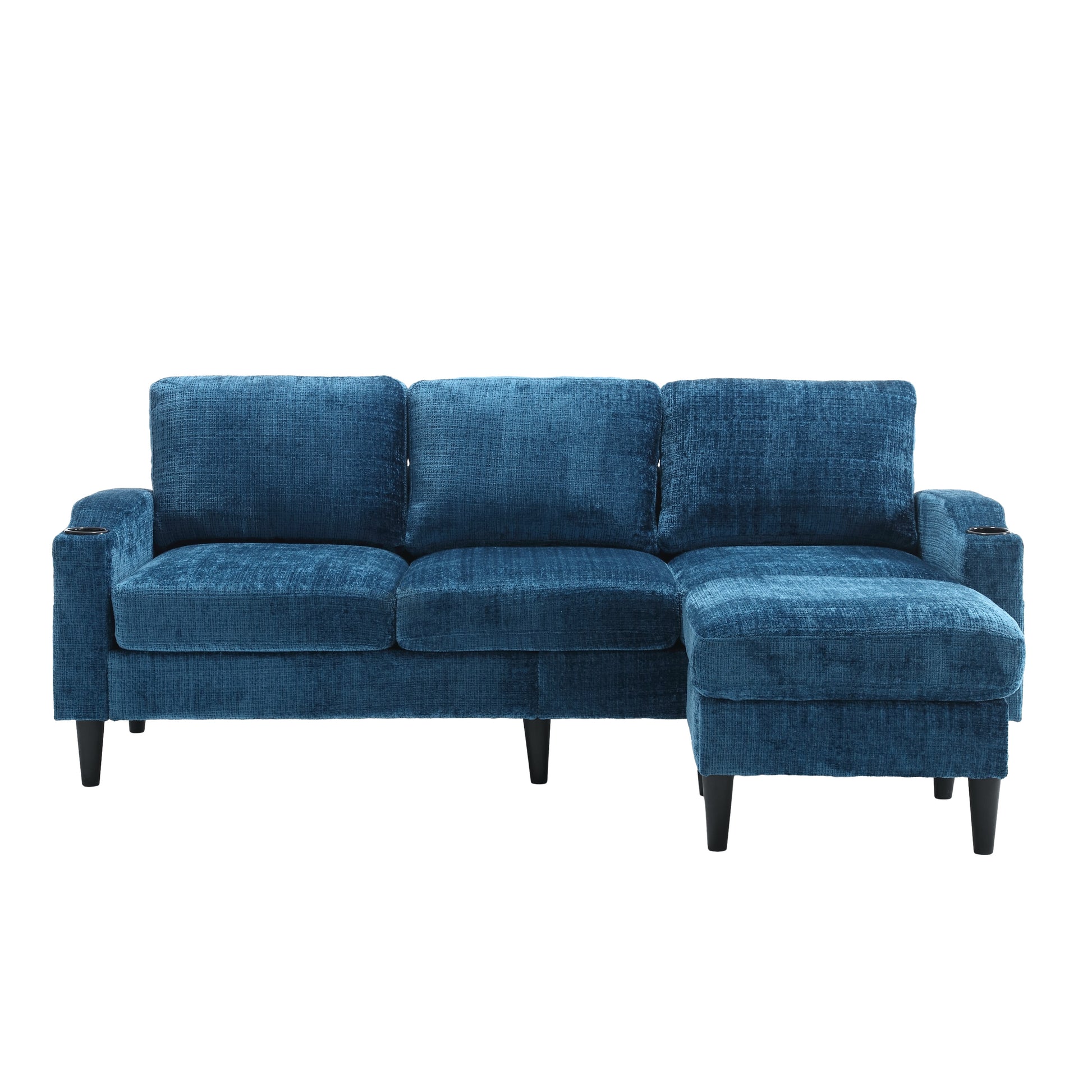 Deep blue textured fabric sectional sofa with chaise lounge and builtin cup holders