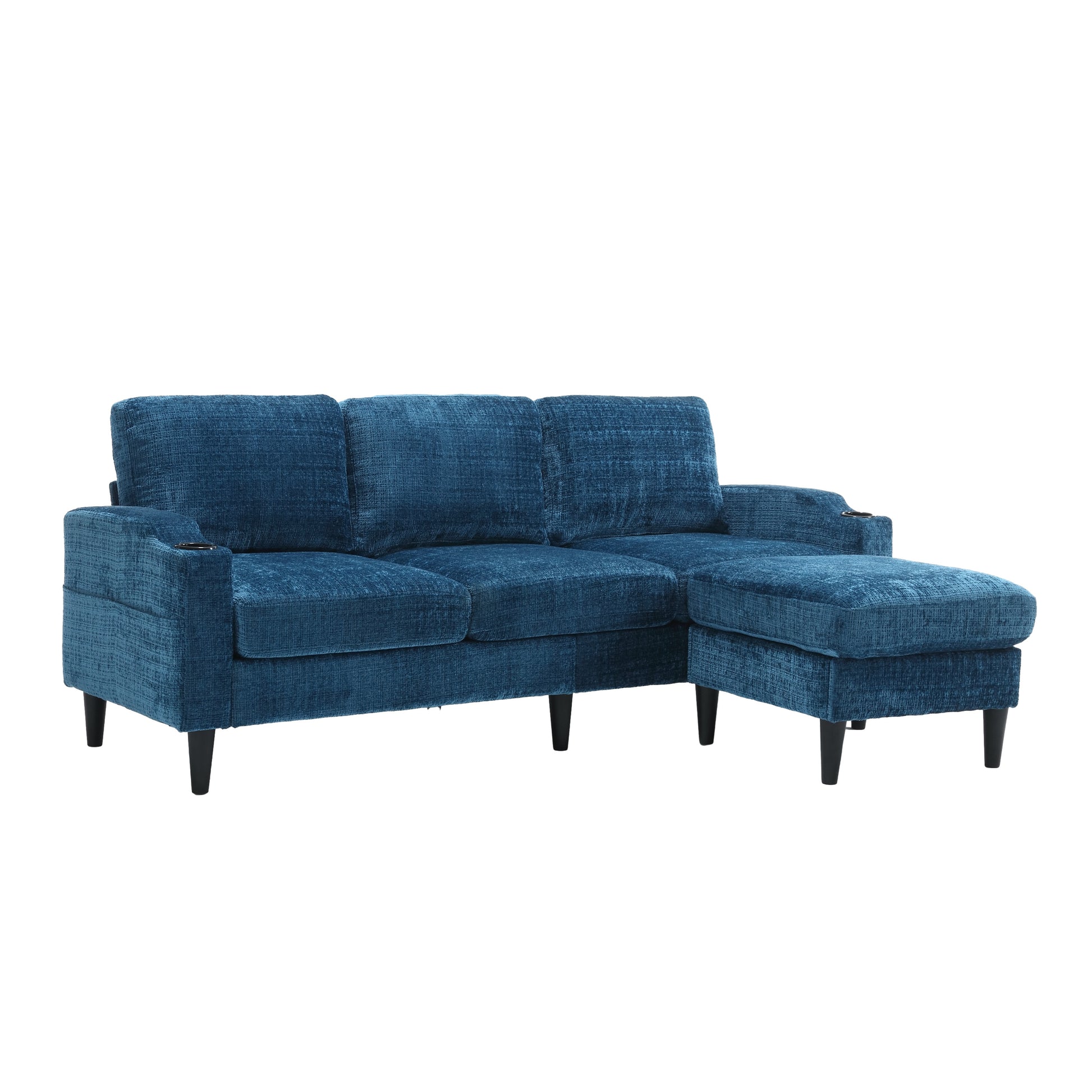 Teal textured fabric sectional sofa with chaise and cup holders