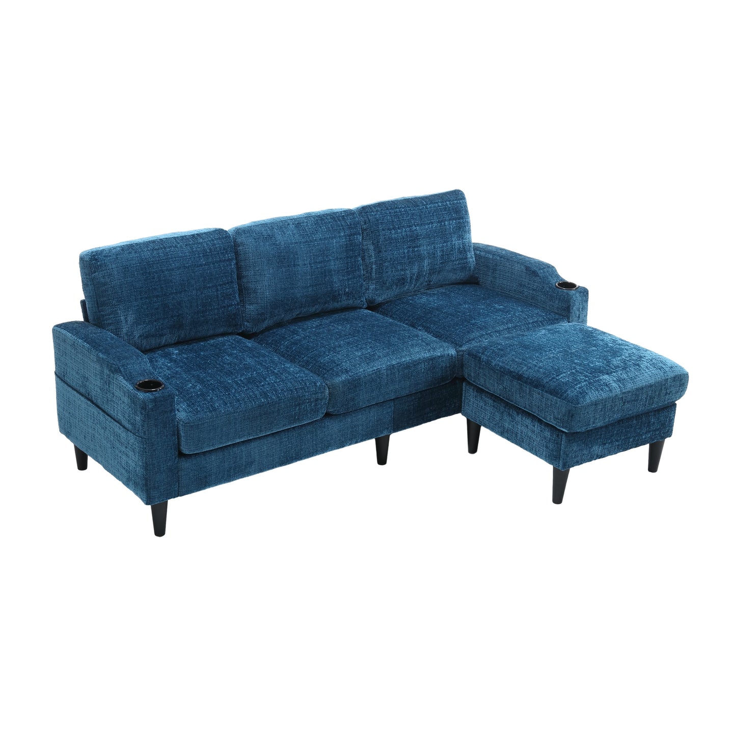 Blue textured fabric sectional sofa with builtin cup holders