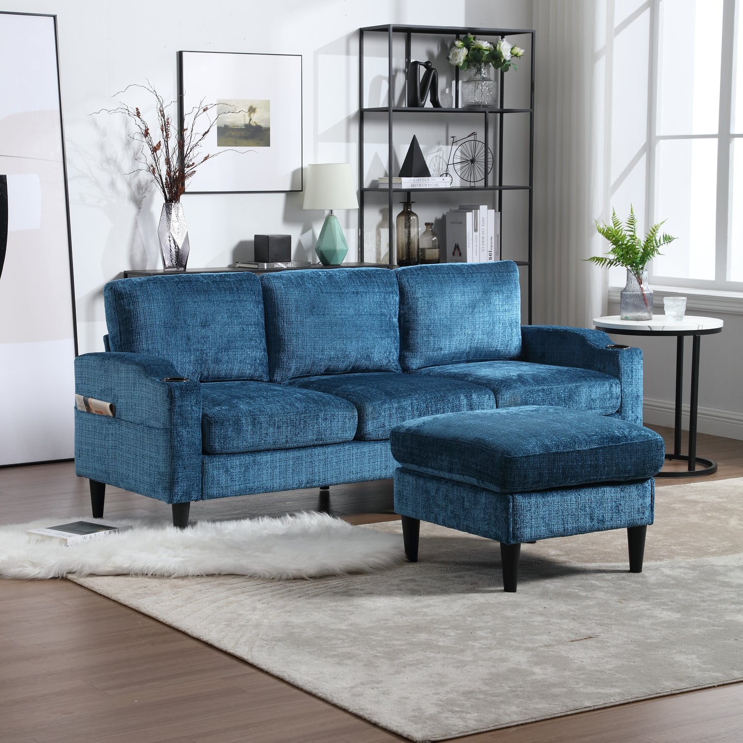 Teal velvet sofa with matching ottoman perfect for a modern living room