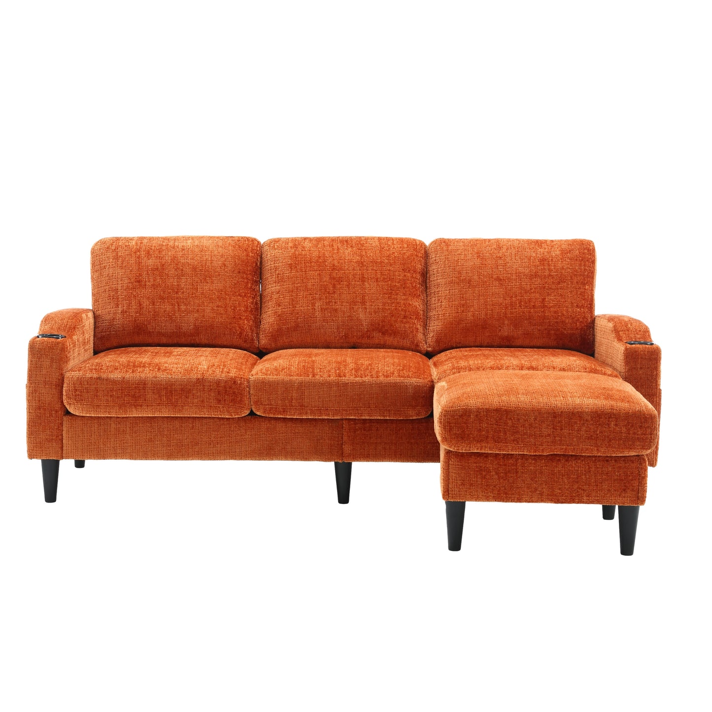 Orange velvet sectional sofa with plush cushions and black tapered legs