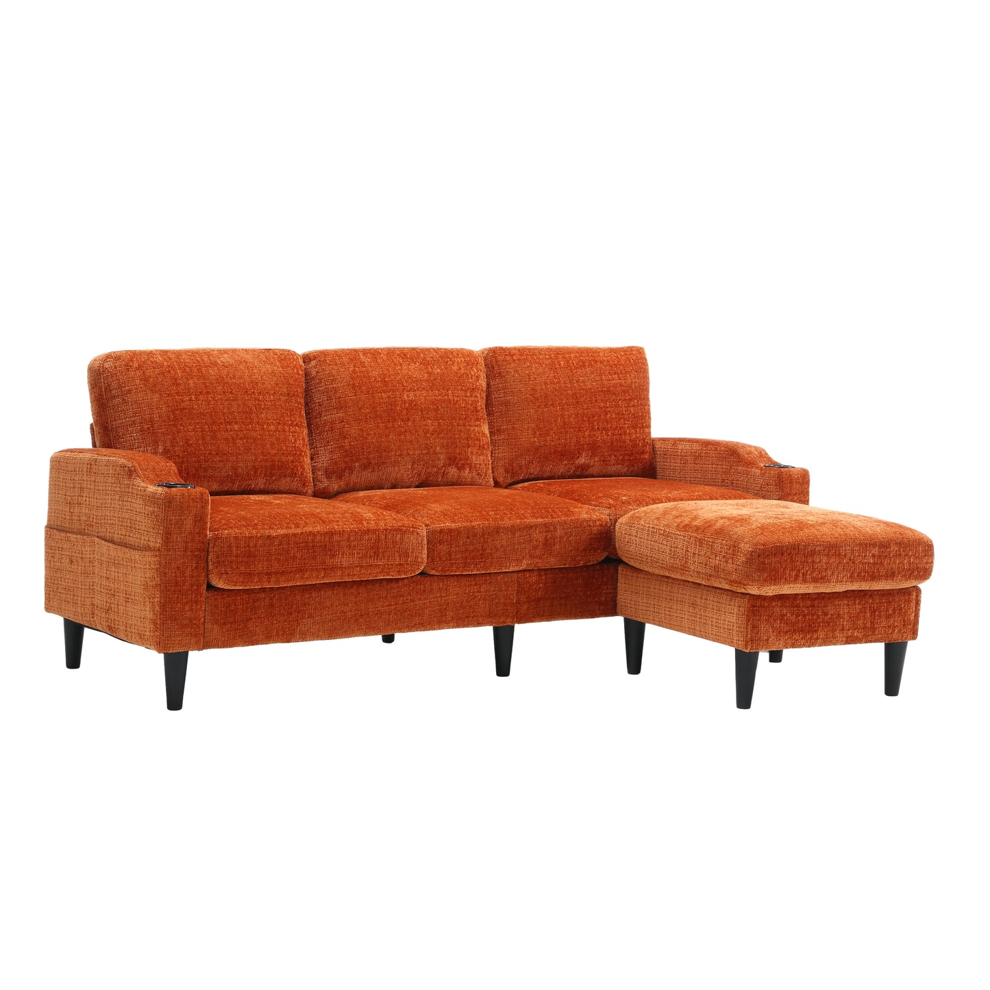 Orange textured fabric sectional sofa with chaise and ottoman on black legs