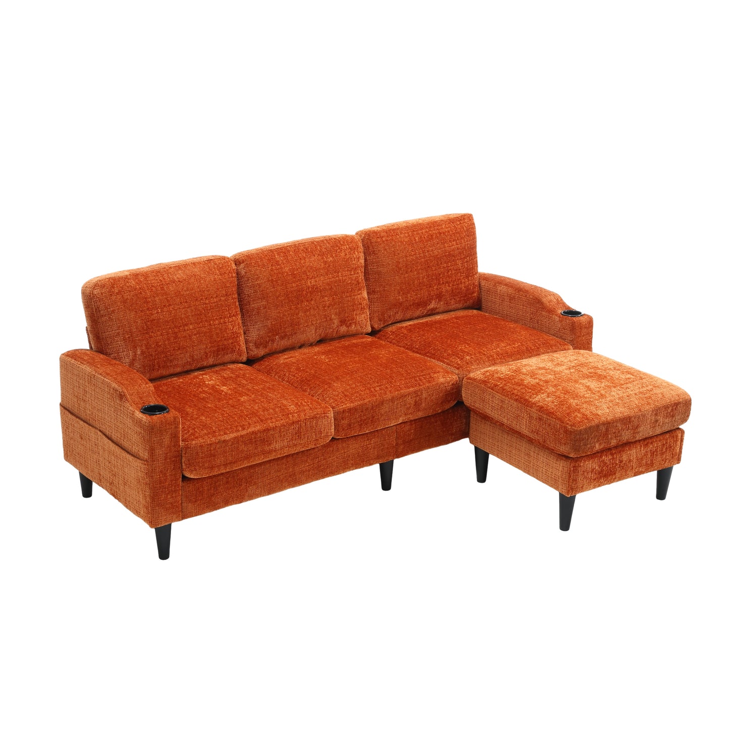 Orange textured fabric sectional sofa with matching ottoman and cup holders