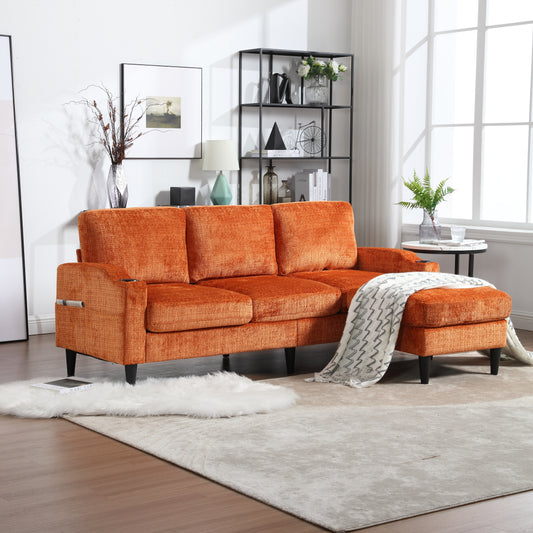 Orange textured fabric sectional sofa with chaise lounge and black legs for living room comfort