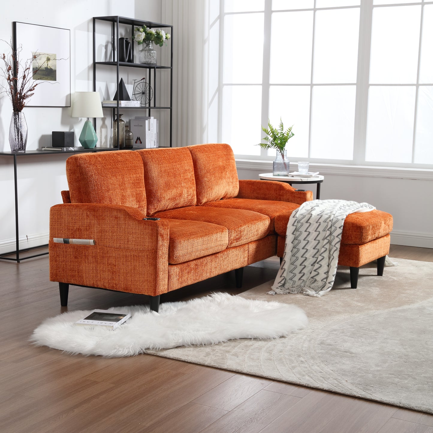 Orange textured fabric sectional sofa with chaise and black legs stylish living room furniture