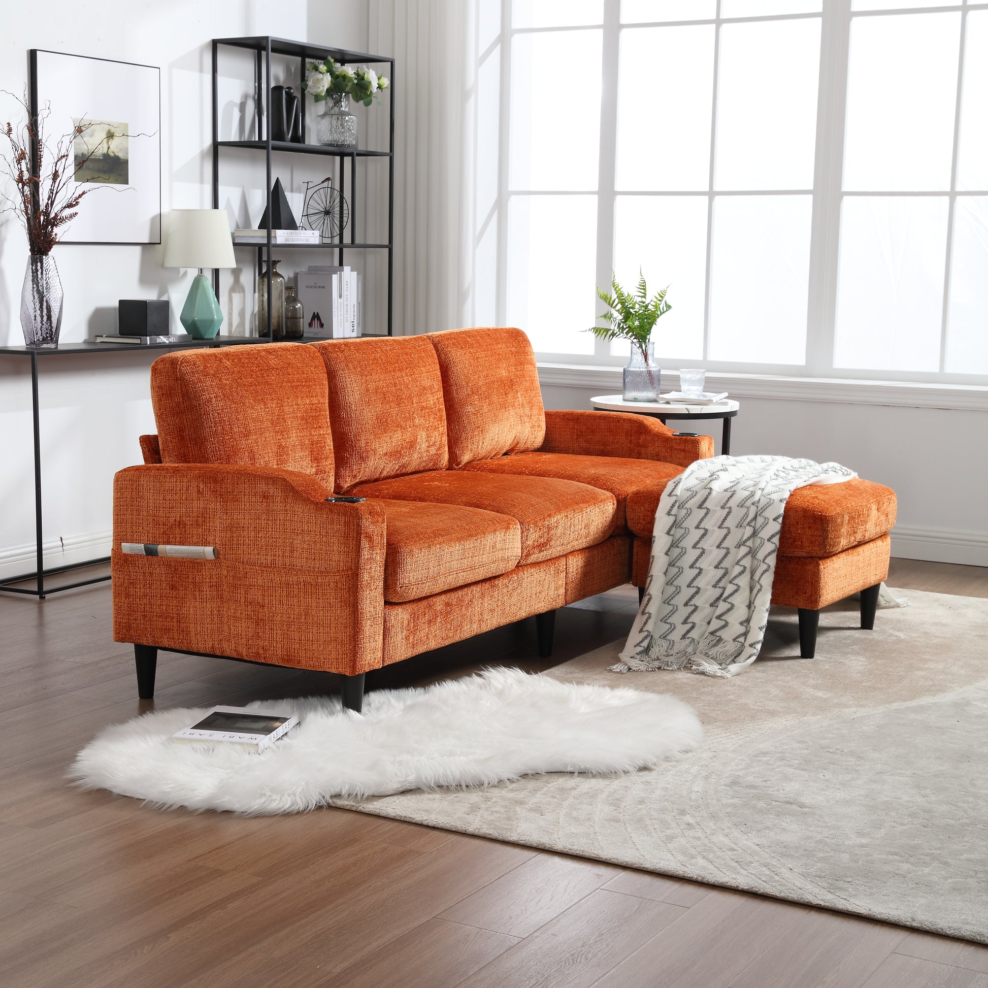 Orange textured fabric sectional sofa with chaise and black legs stylish living room furniture