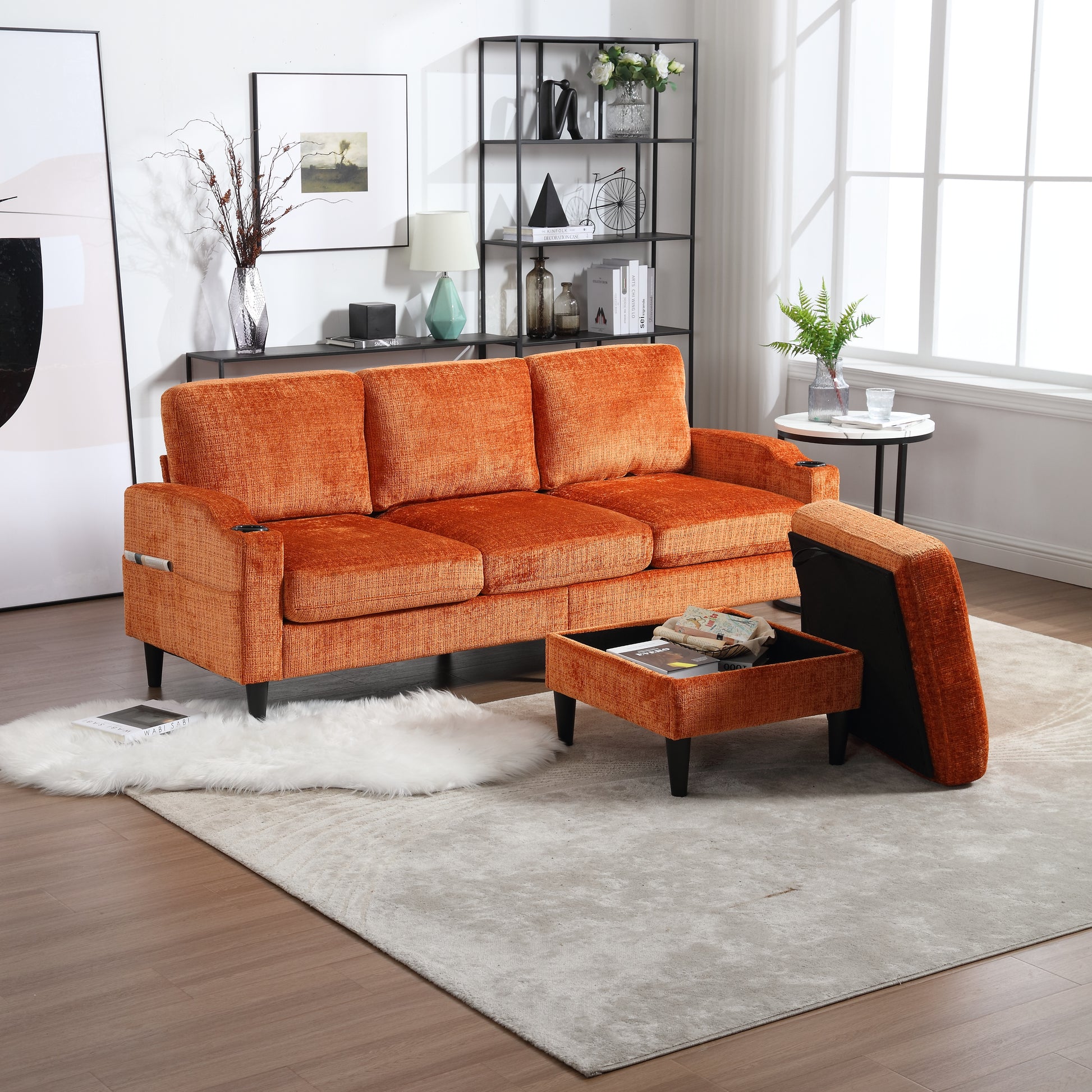 Orange textured fabric sofa with builtin storage ottoman and cup holders