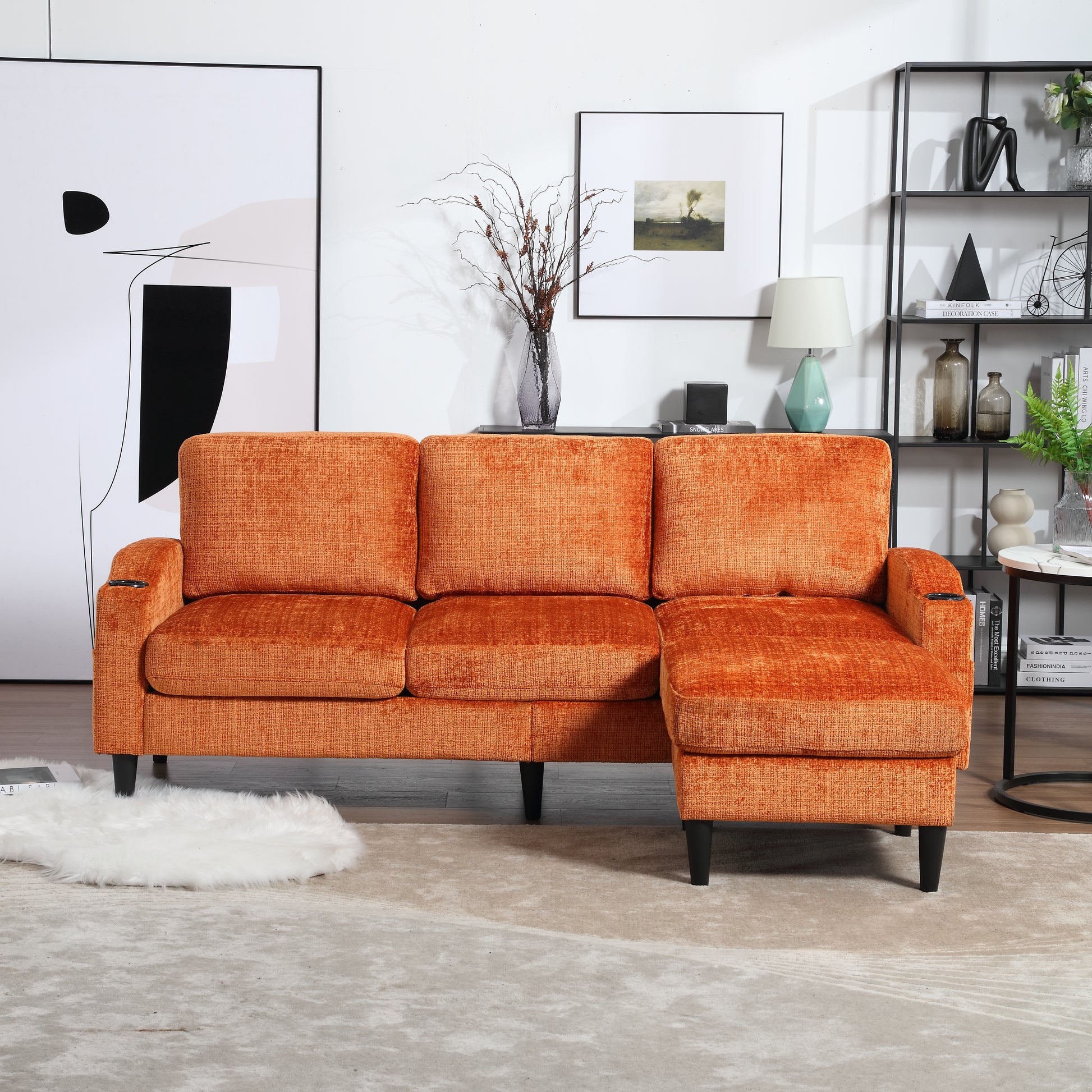 Orange sectional sofa with textured fabric and modern design in a living room setting