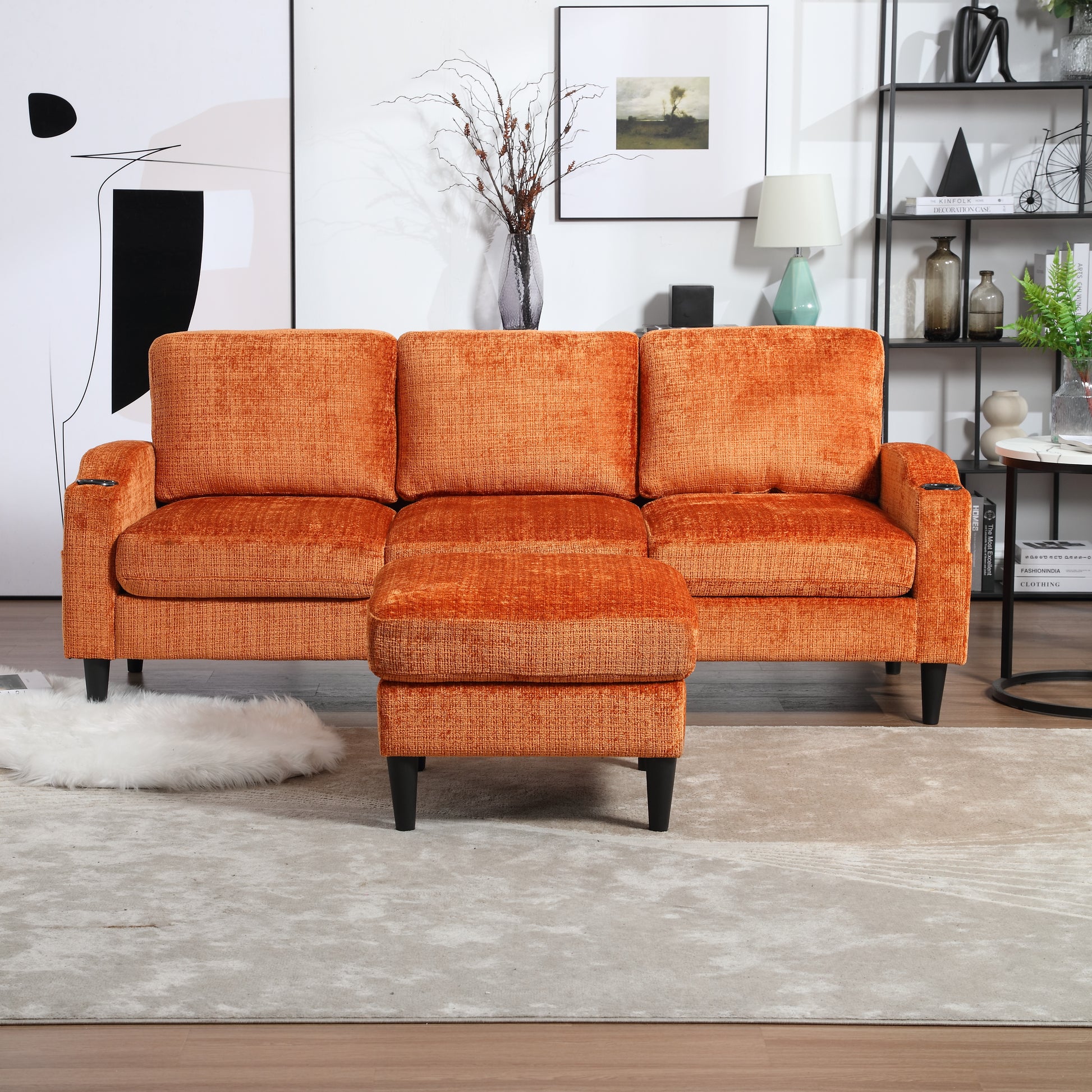 Orange textured fabric sectional sofa with matching ottoman contemporary living room furniture