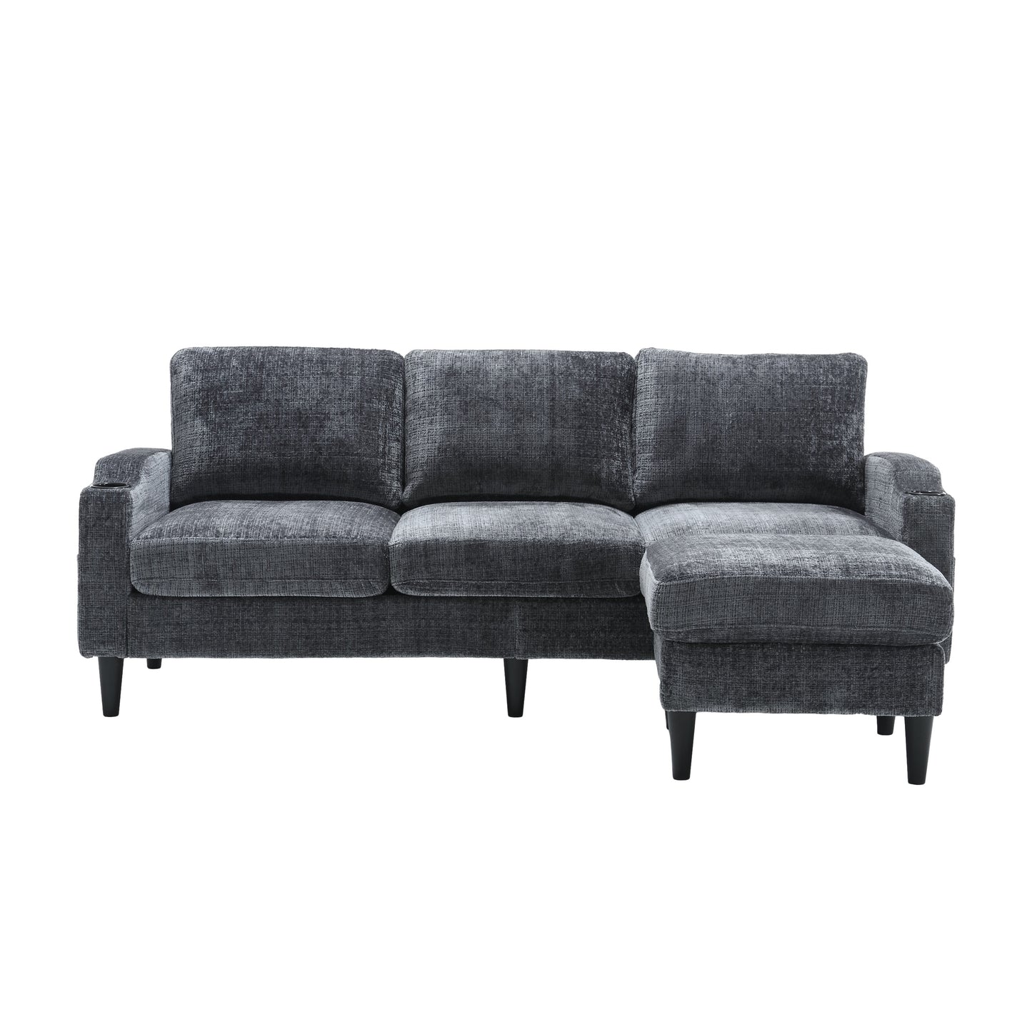 Charcoal grey fabric sectional sofa with chaise and cup holder