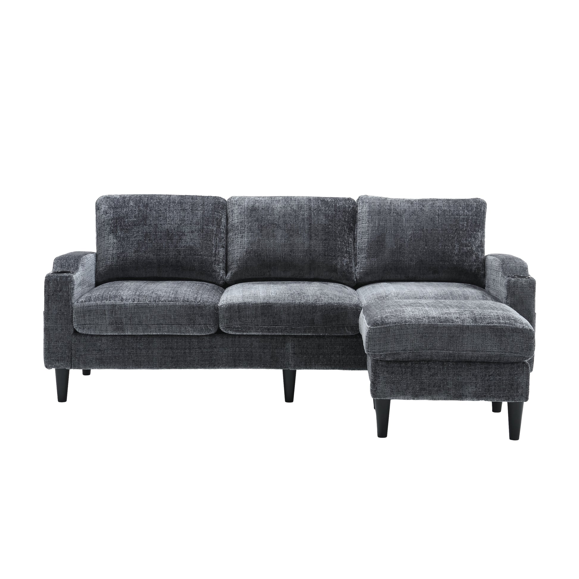 Charcoal grey fabric sectional sofa with chaise and cup holder