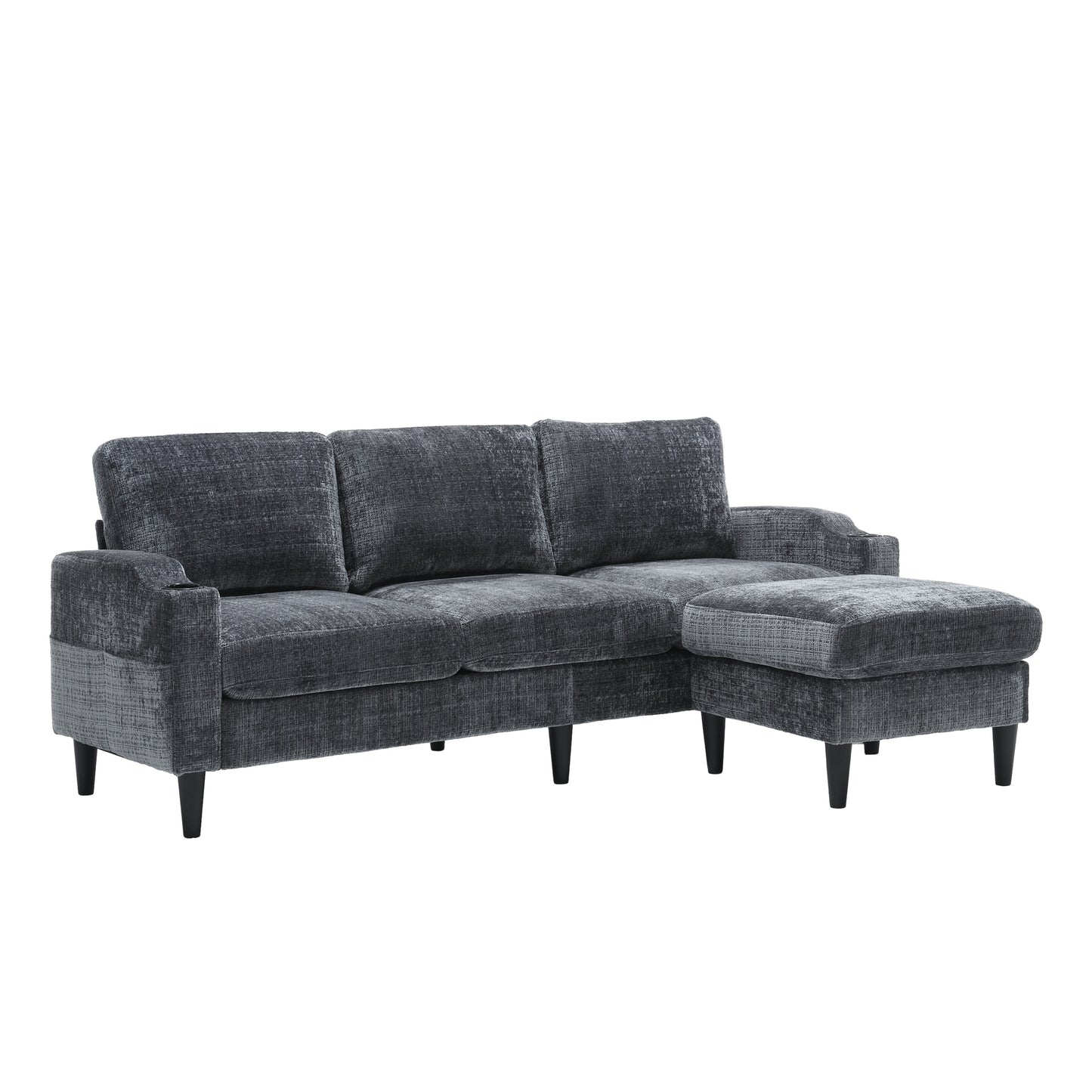 Dark grey textured fabric sectional sofa with chaise and black tapered legs