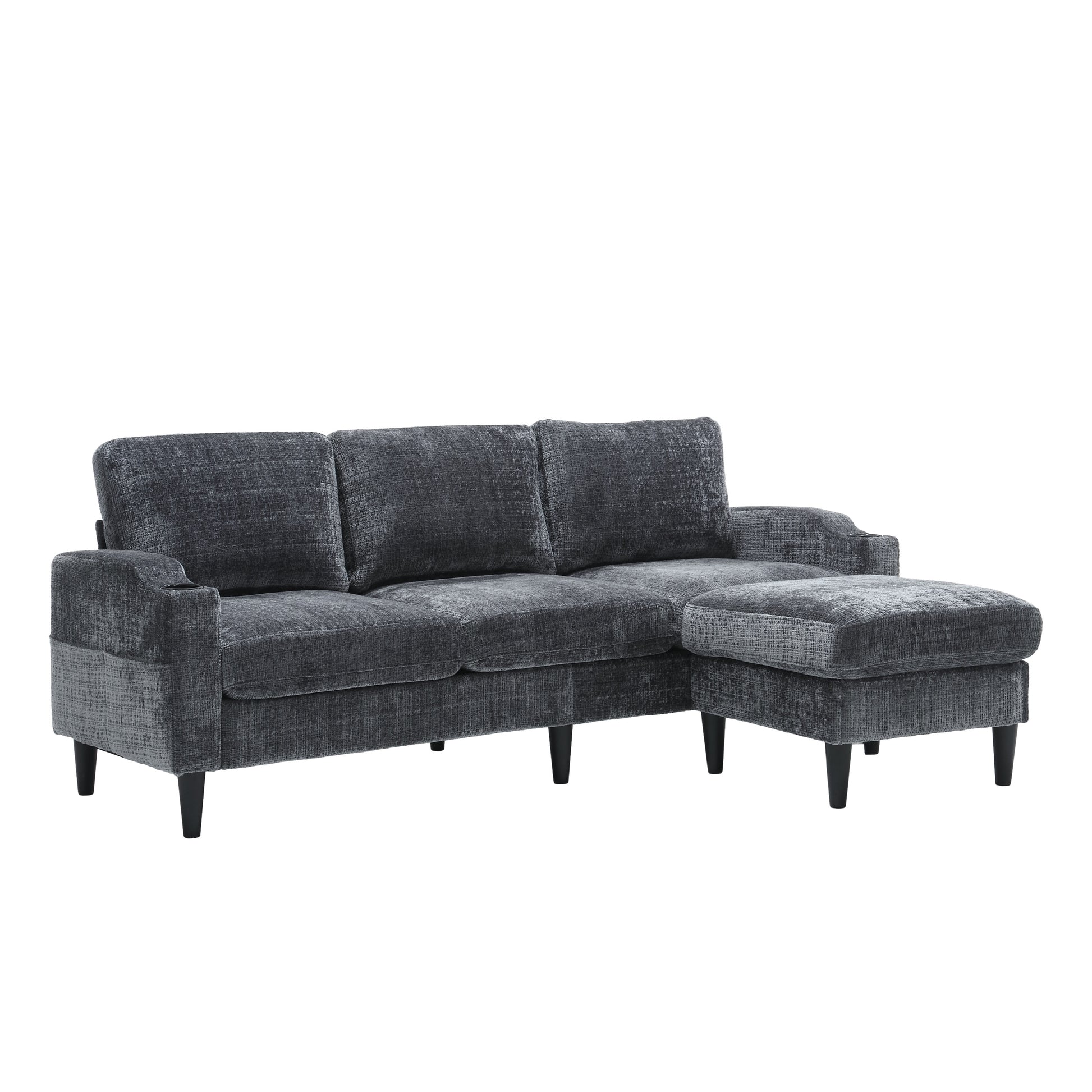 Dark grey textured fabric sectional sofa with chaise and black tapered legs