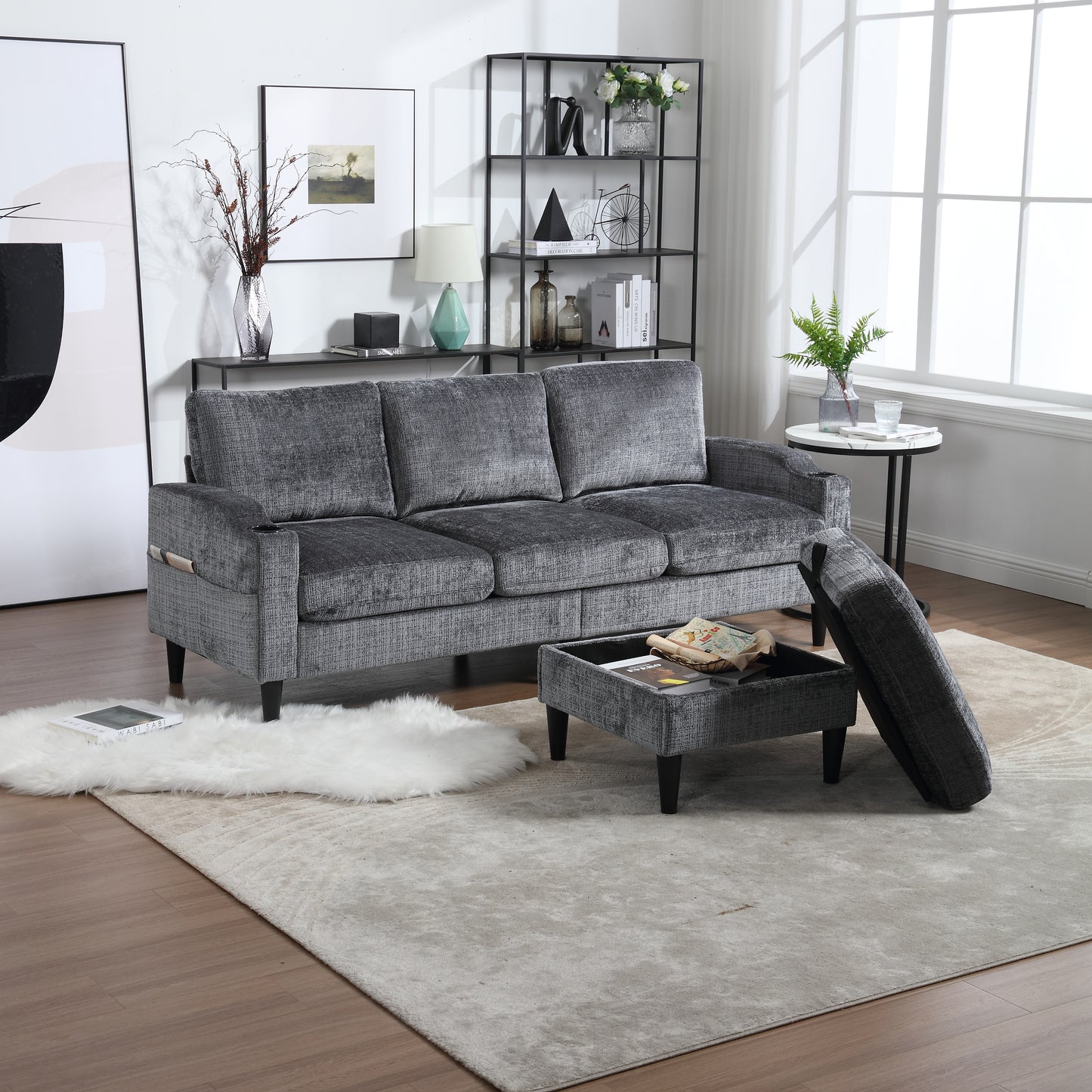 Plush grey threeseater sofa with textured fabric and decorative pillows perfect for living room comfort