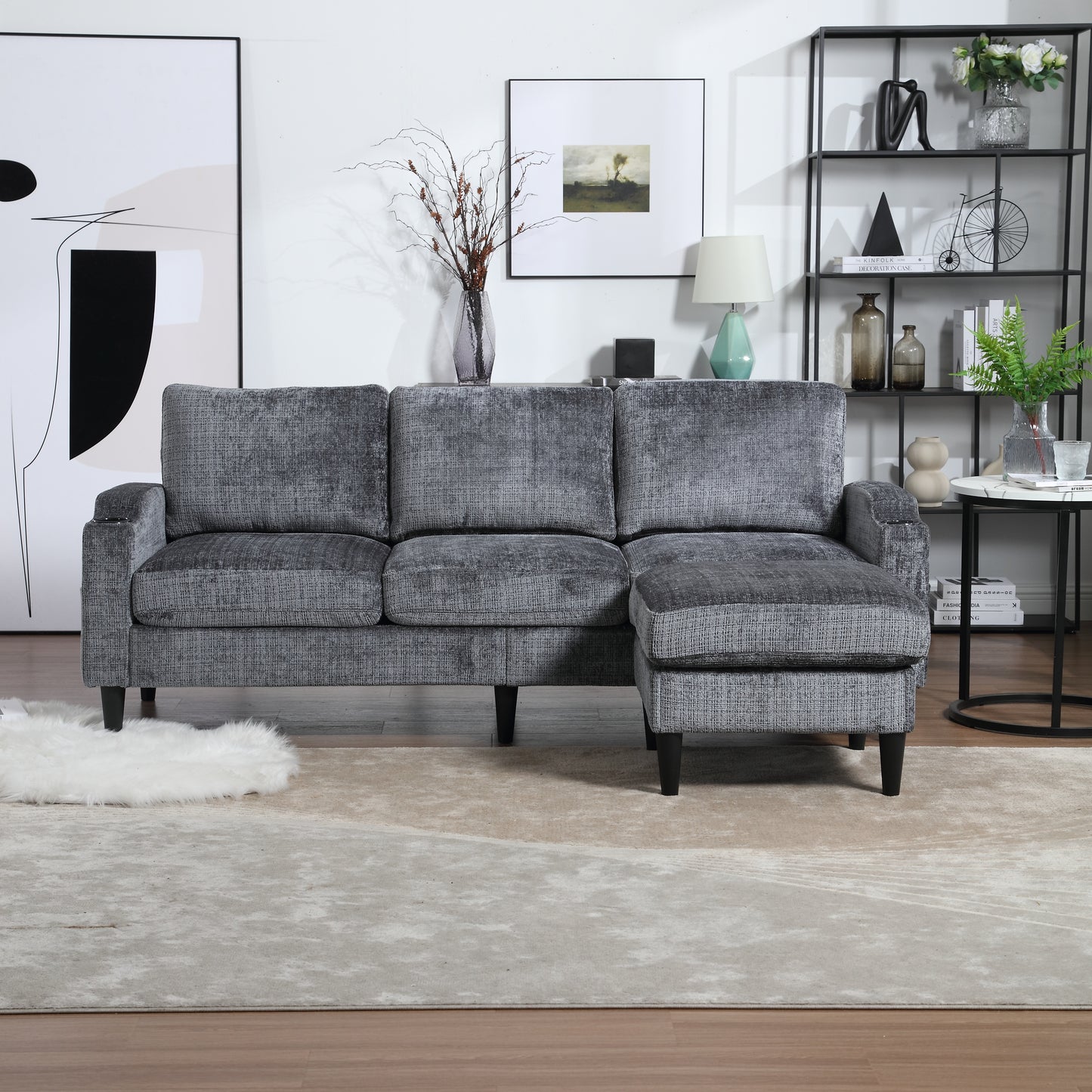 Gray fabric sectional sofa with chaise lounge plush cushions and modern design