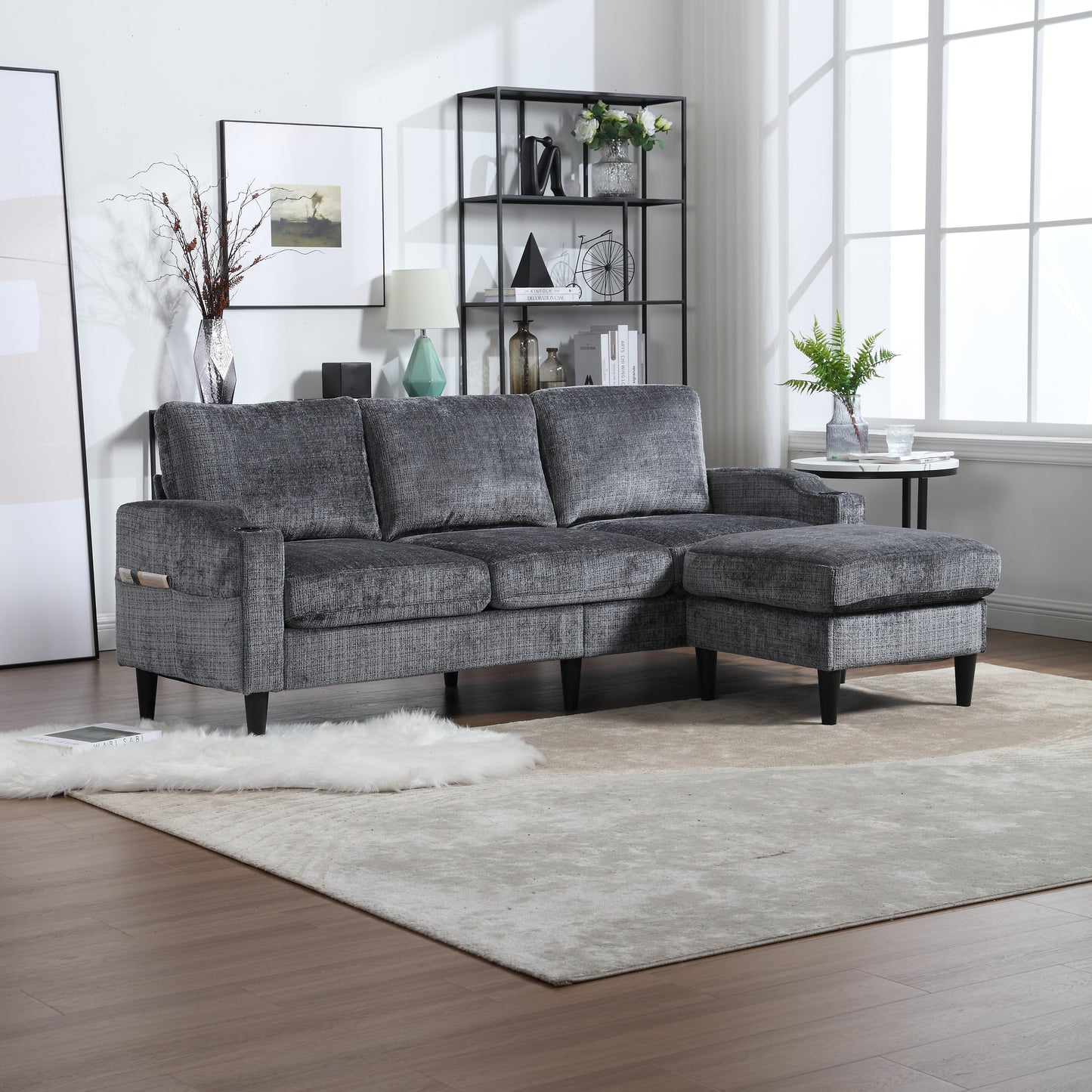 Charcoal grey textured fabric sectional sofa with ottoman modern living room furniture