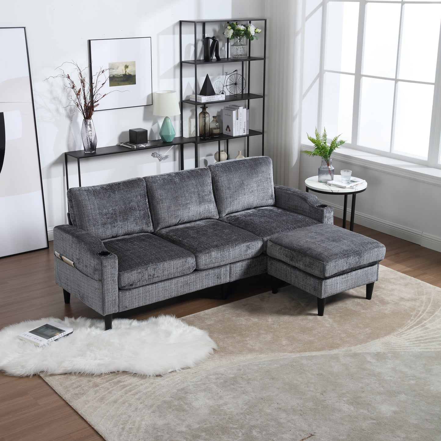Dark gray fabric sectional sofa with chaise cup holders and side pocket perfect for living room