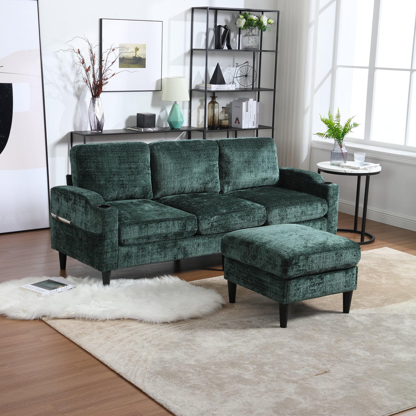 Plush emerald green velvet sofa with matching ottoman perfect for a modern living room