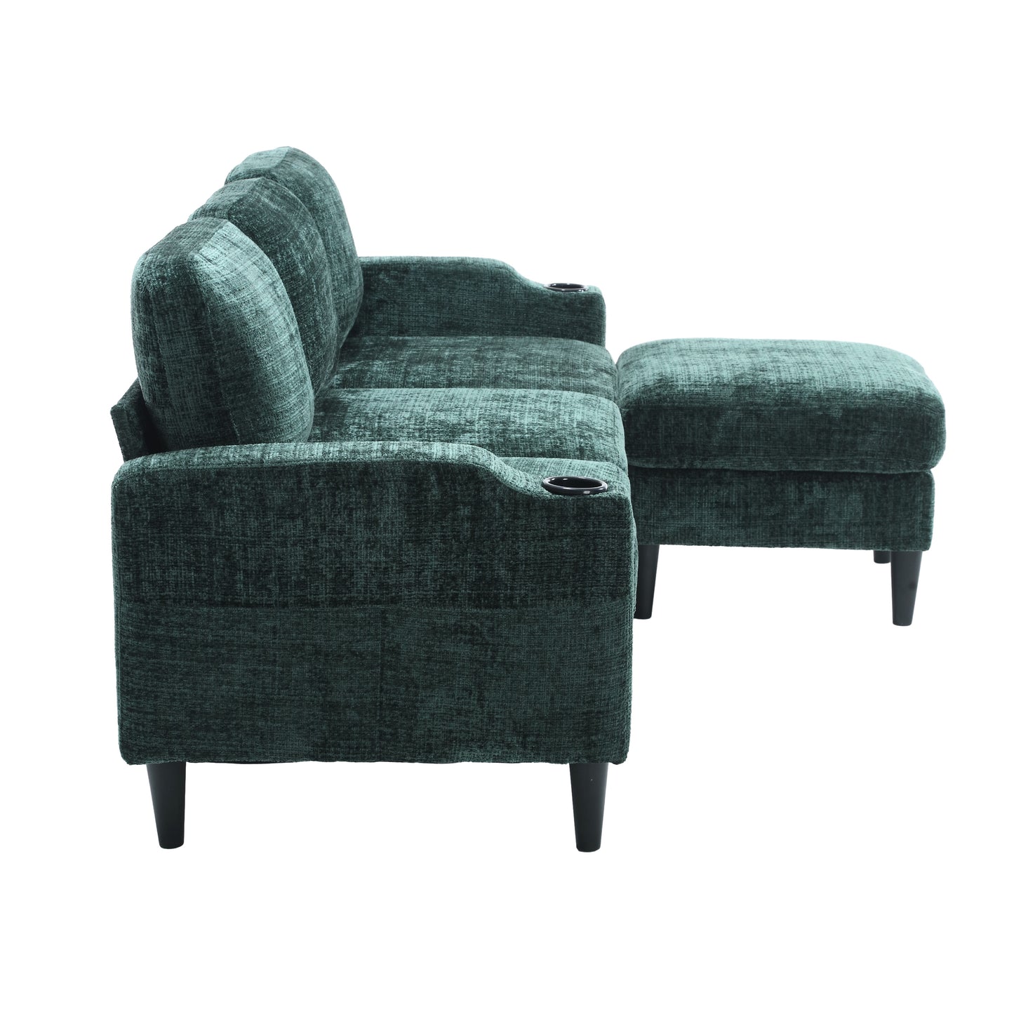 Teal velvet sofa with builtin cup holders and a matching ottoman for a modern living room