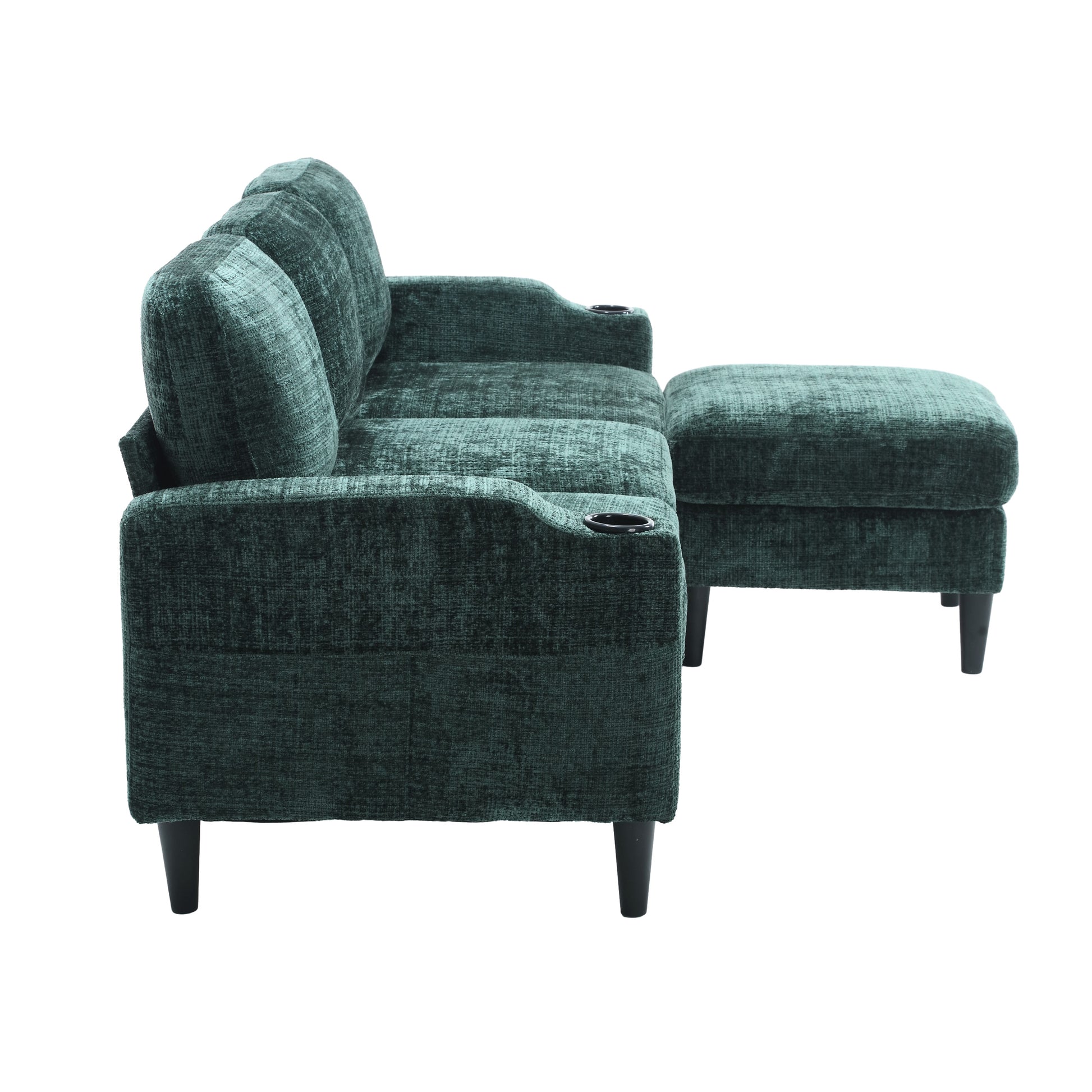 Teal velvet sofa with builtin cup holders and a matching ottoman for a modern living room