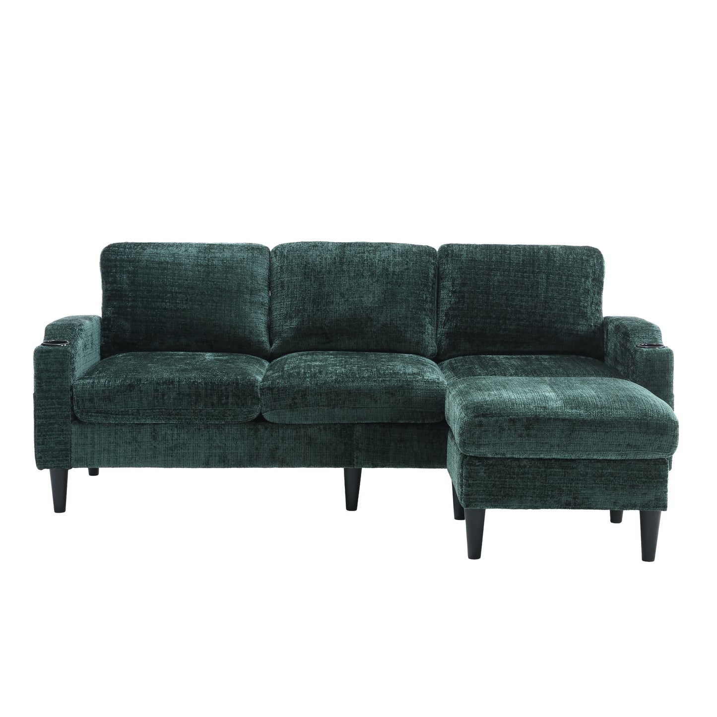 Deep teal velvet sectional sofa with chaise and integrated cup holder