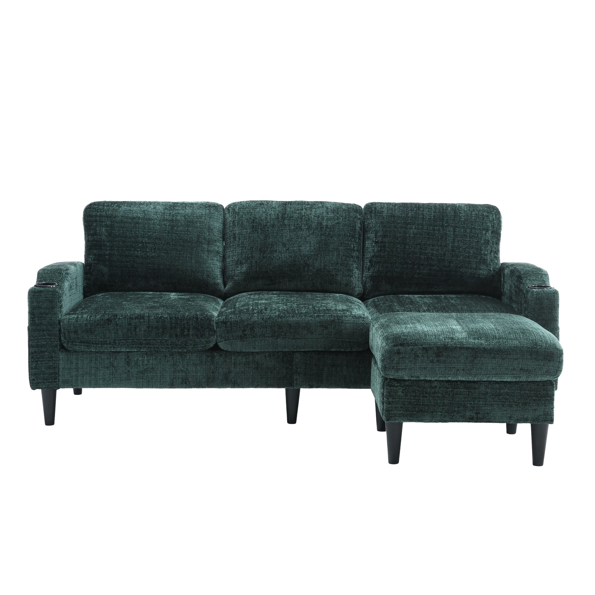 Deep teal velvet sectional sofa with chaise and integrated cup holder
