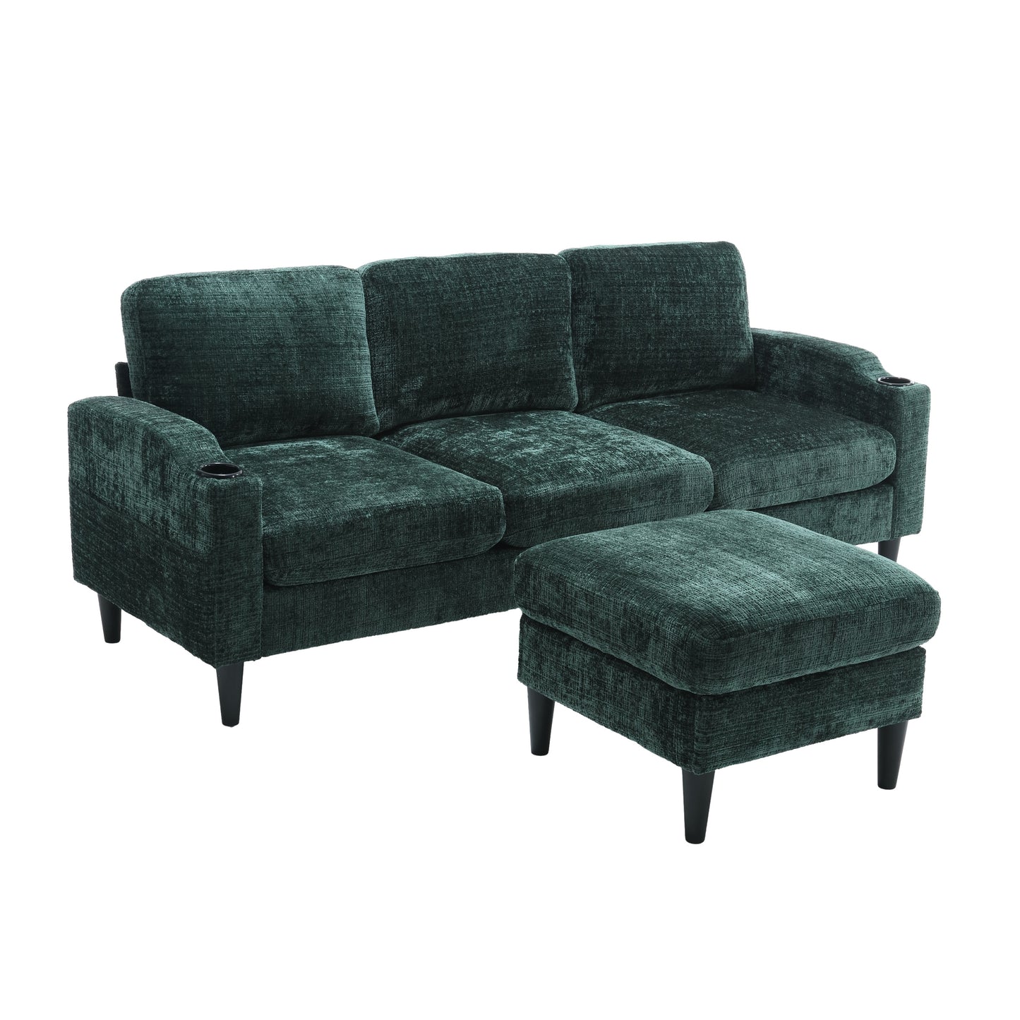 Dark green textured fabric sofa with an ottoman and cup holders