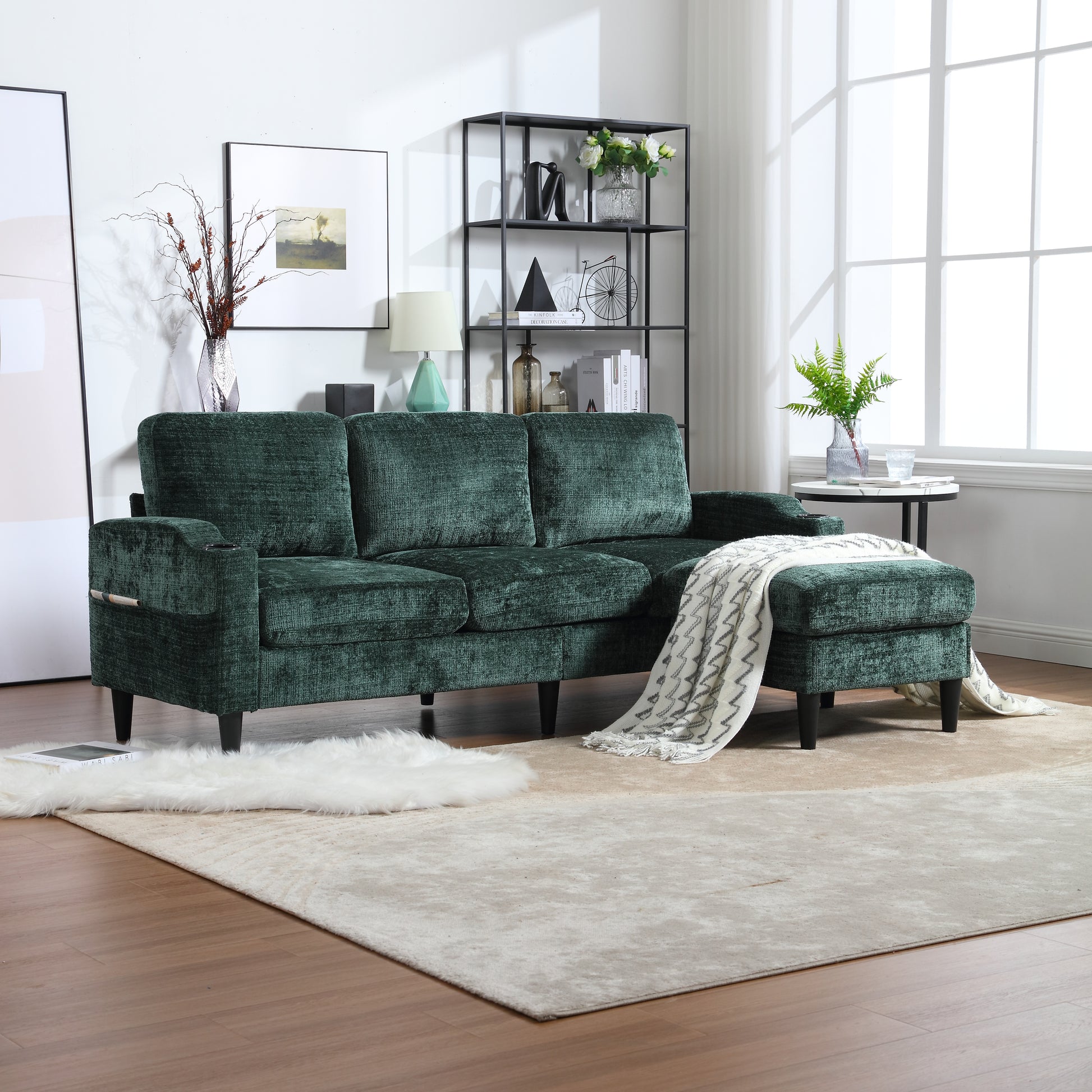 Deep emerald green velvet sectional sofa with chaise perfect for modern living rooms
