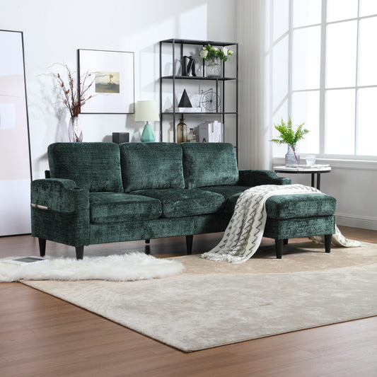 Deep emerald green velvet sectional sofa with chaise perfect for modern living rooms