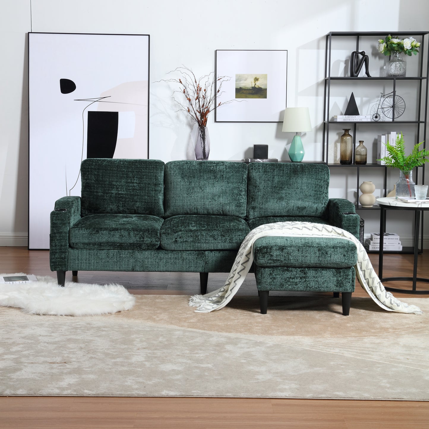 Deep green velvet sectional sofa with ottoman modern living room seating