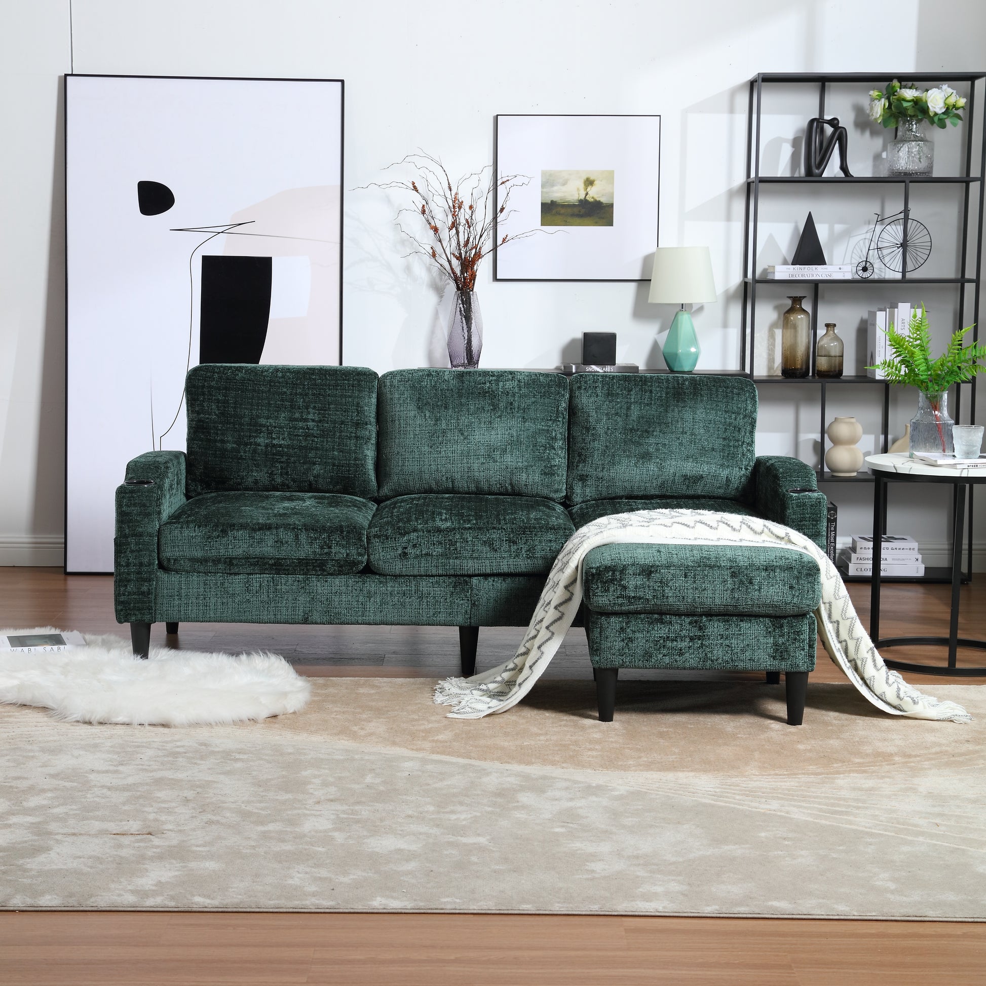 Deep green velvet sectional sofa with ottoman modern living room seating