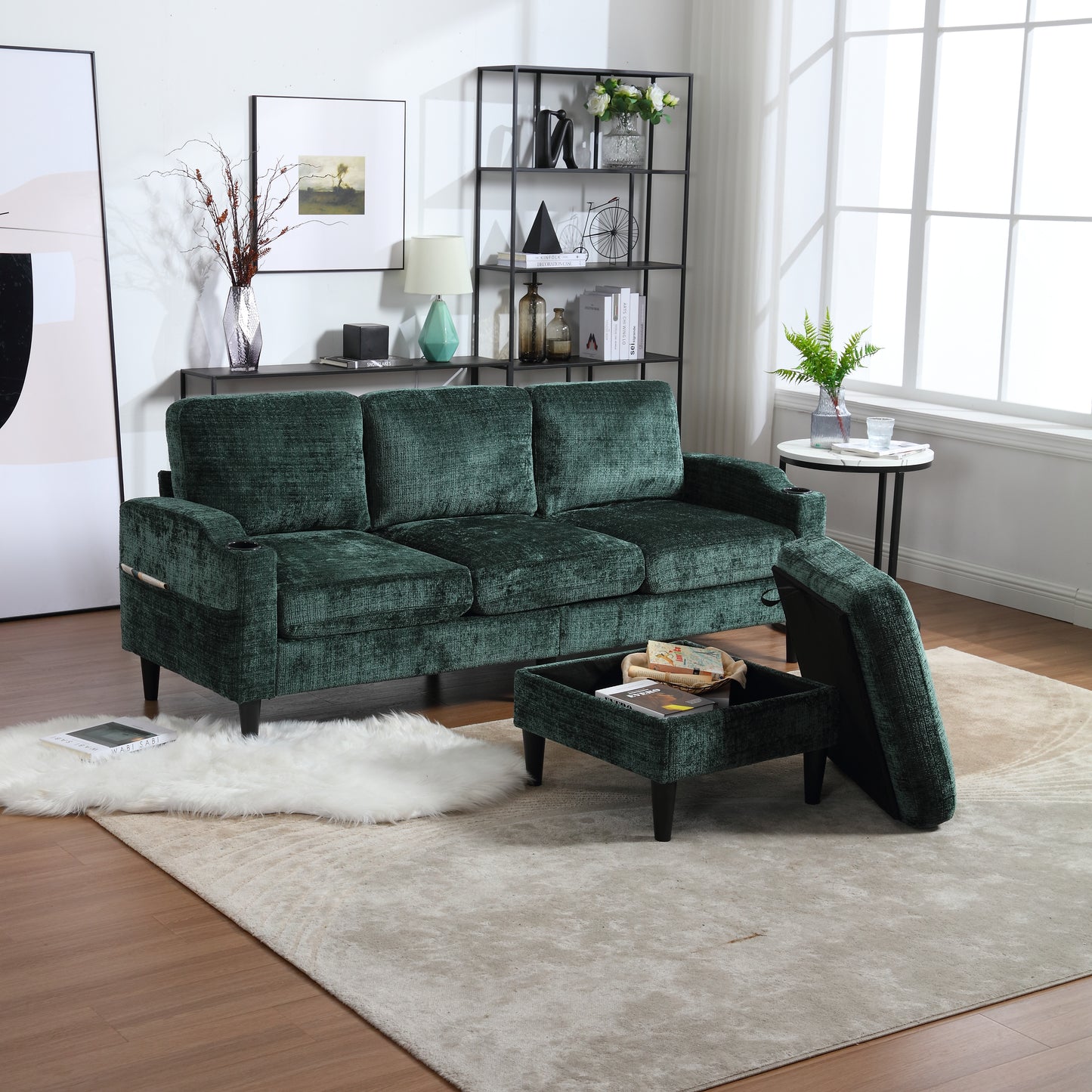 Deep green velvet seater sofa with storage ottoman ideal for modern living rooms